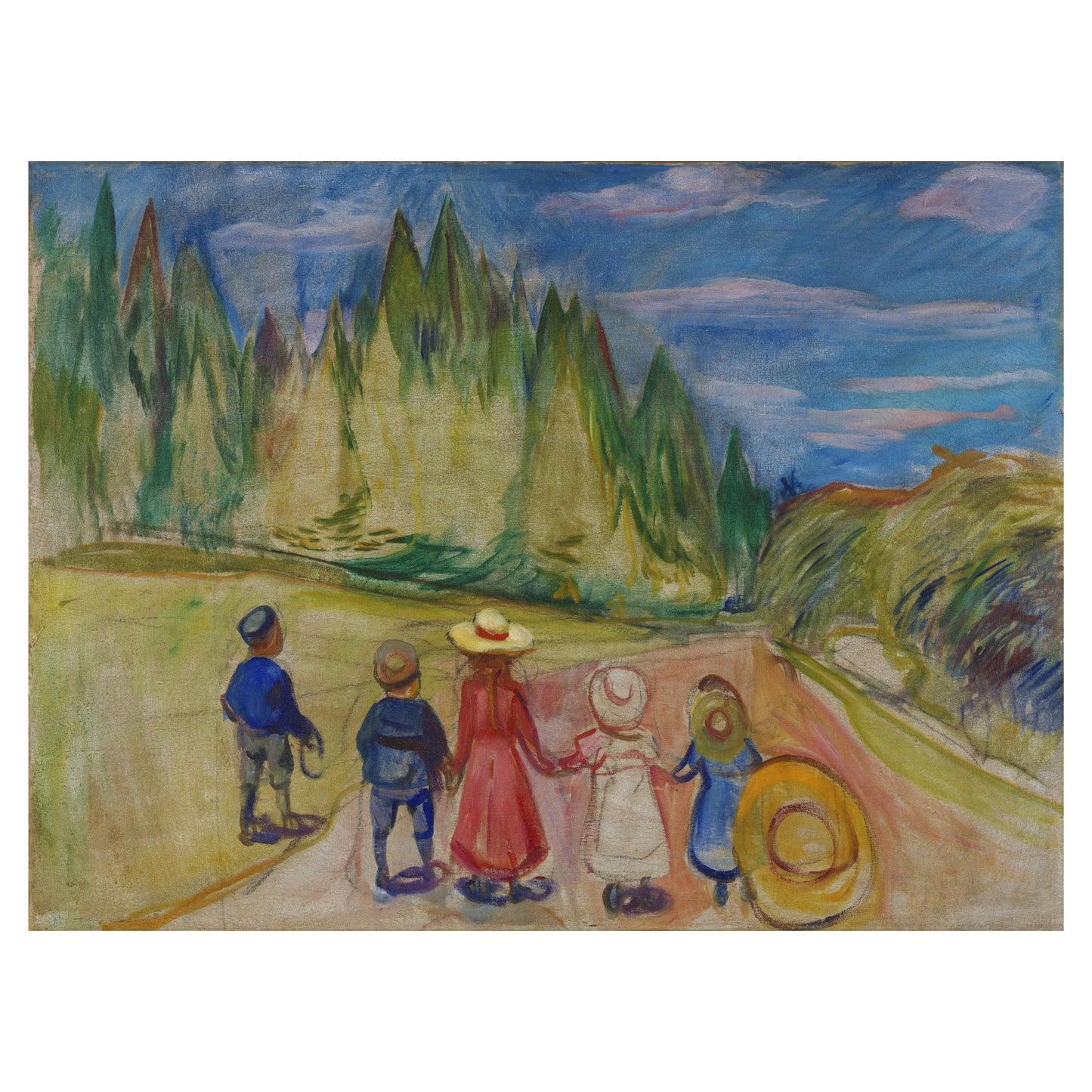 Edvard Munch's 'The Fairytale' painting. Expressionist art depicting a dark forest with tall, ghostly white tree trunks. Figures are faintly visible, conveying a sense of unease.