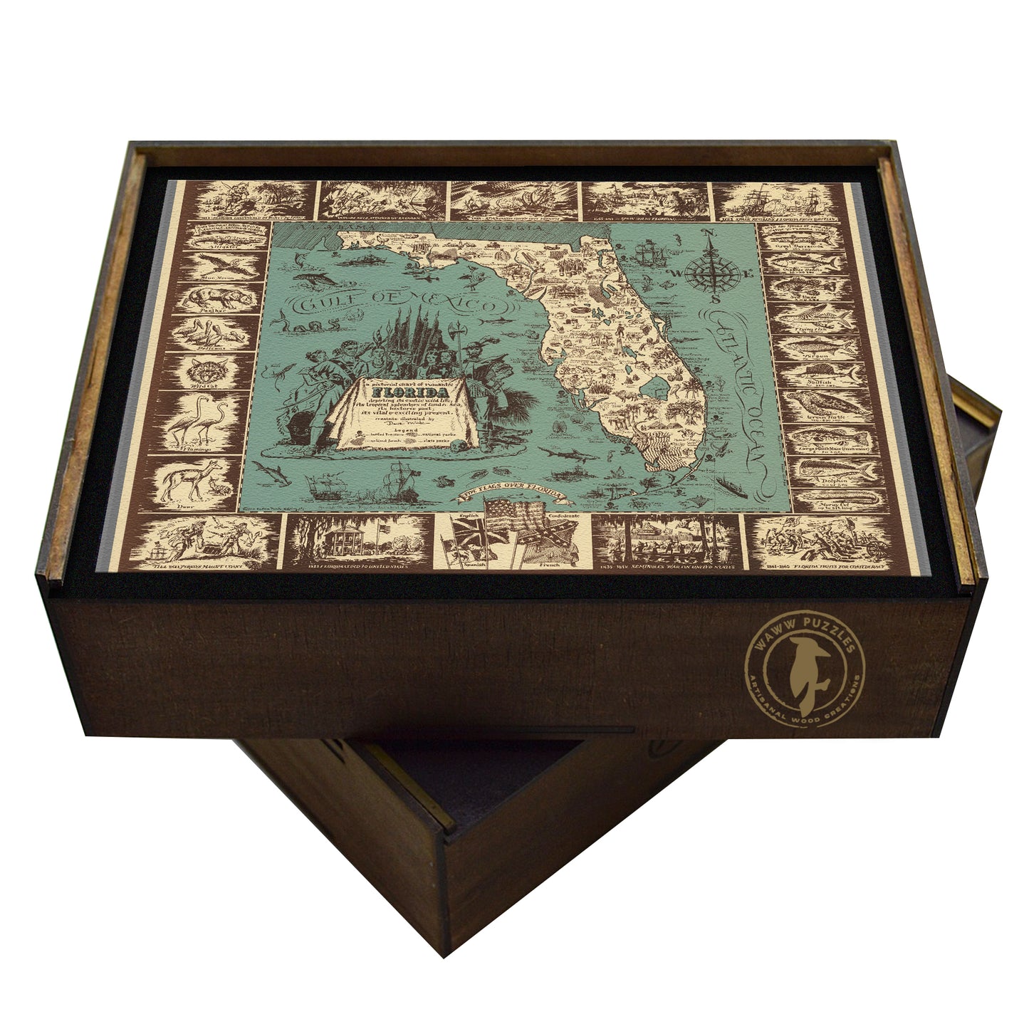 A high-quality wooden jigsaw puzzle of a vintage pictorial map of Florida, featuring historical landmarks, native wildlife, and early explorations of the state. Comes in a handmade wooden keepsake box.