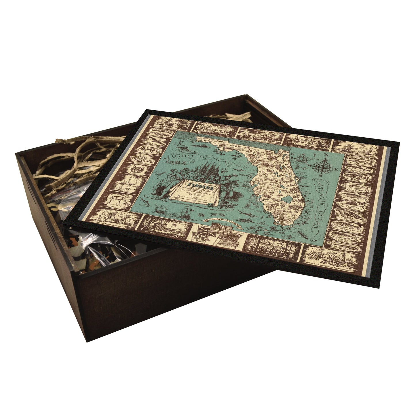 A high-quality wooden jigsaw puzzle of a vintage pictorial map of Florida, featuring historical landmarks, native wildlife, and early explorations of the state. Comes in a handmade wooden keepsake box.