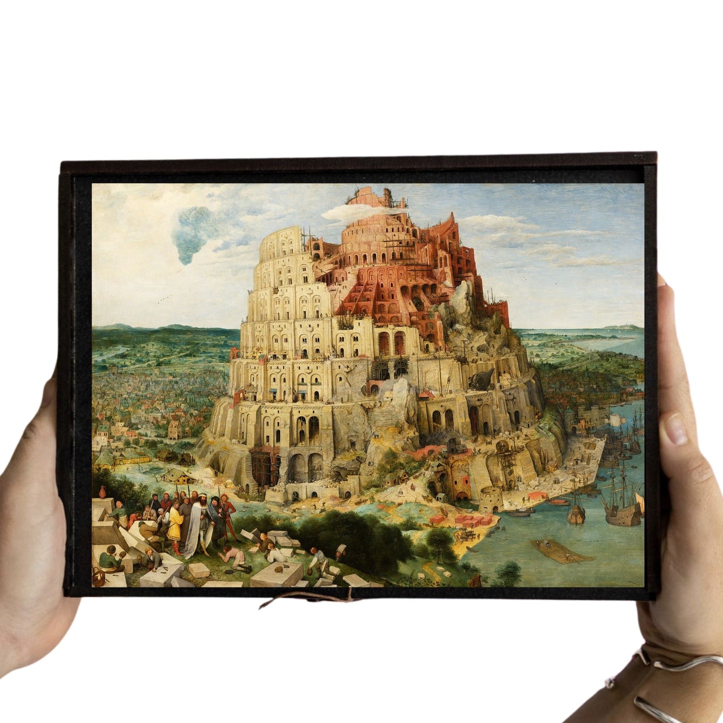 Pieter Bruegel the Elder’s Tower of Babel wooden jigsaw puzzle featuring intricate Renaissance architecture and biblical symbolism.