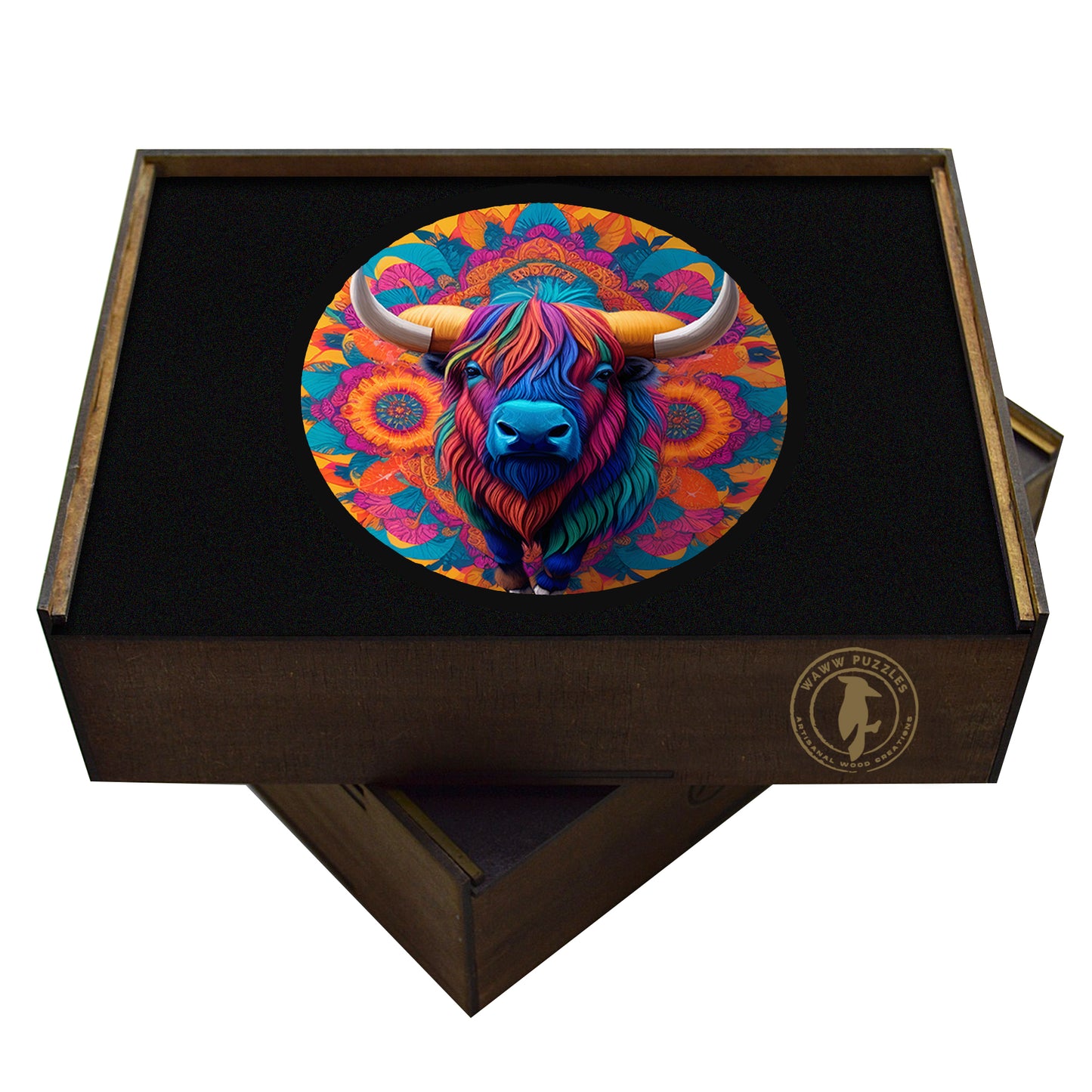 wooden jigsaw box of a buffalo, bison or highland cow