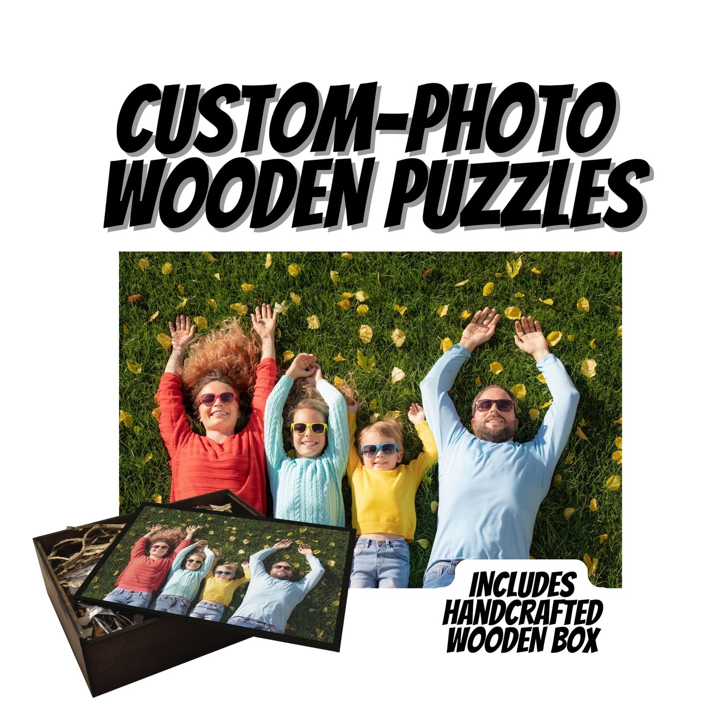 Elegant wooden puzzle box with a high-resolution printed image on the cover, containing an unassembled custom photo puzzle.