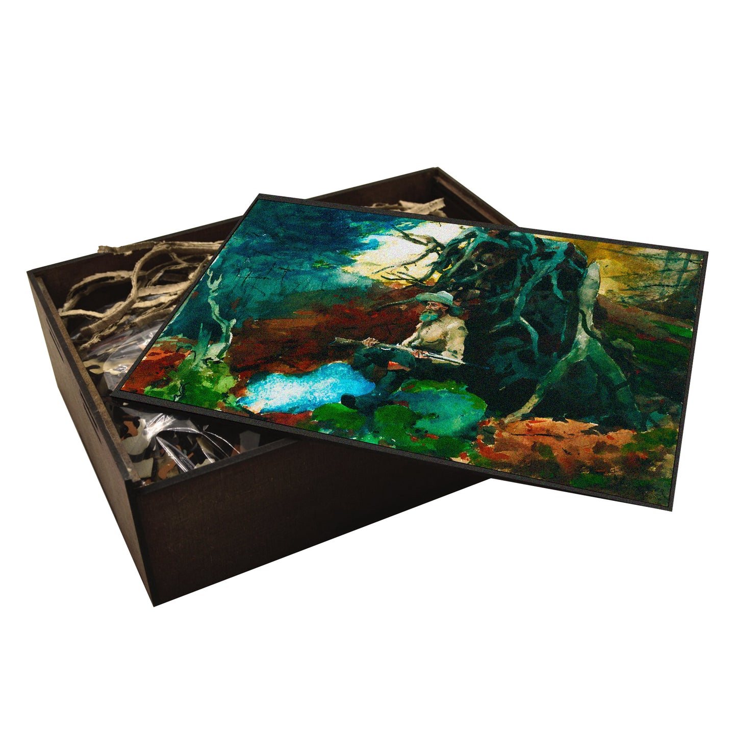 wooden puzzle of Winslow Homer's "Campfire, Adirondacks." A man sits by a campfire in a wilderness setting. Realist painting of the Adirondack Mountains.