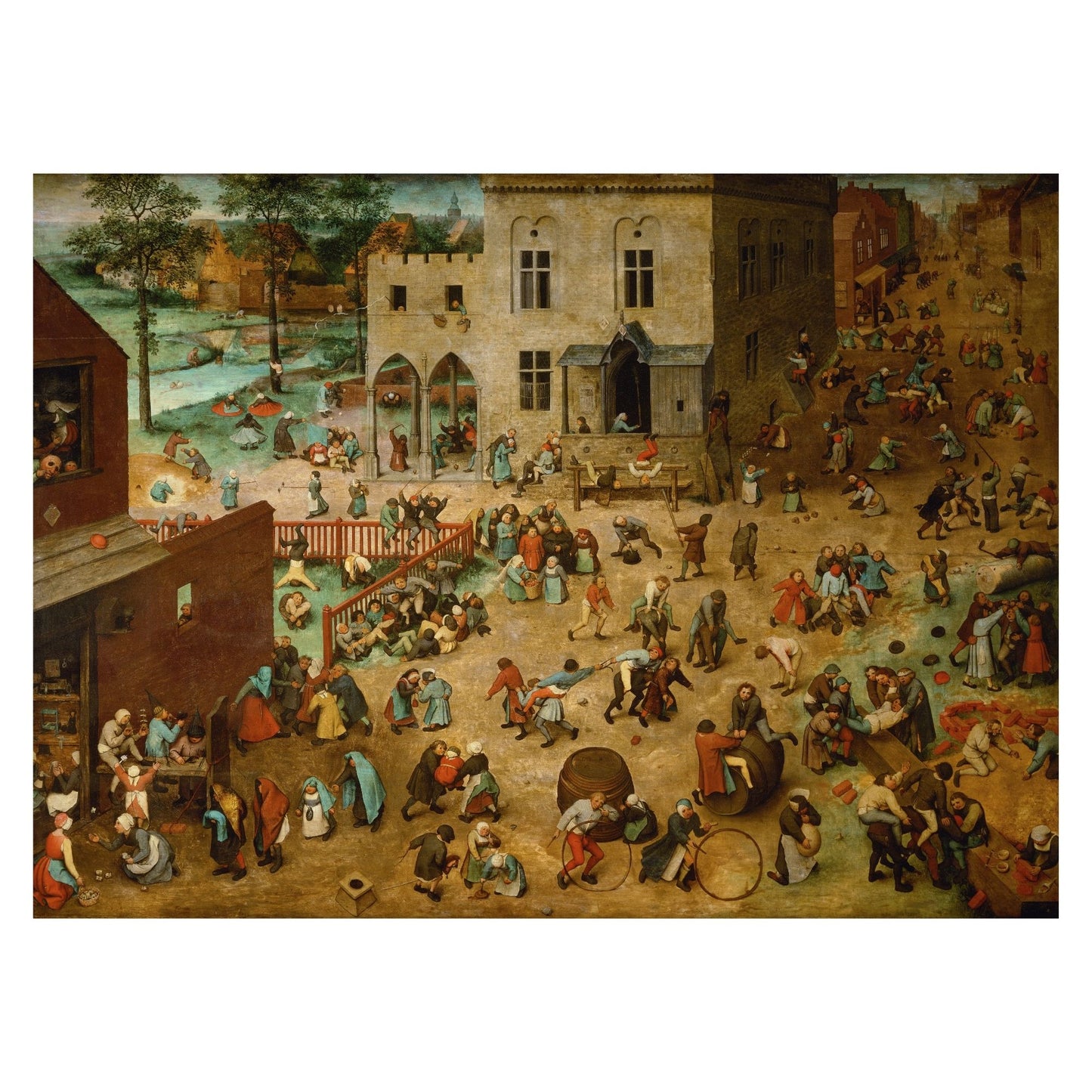 Bruegel’s ‘Children’s Games’ wooden jigsaw puzzle featuring a bustling 16th-century Flemish town square filled with traditional childhood games.