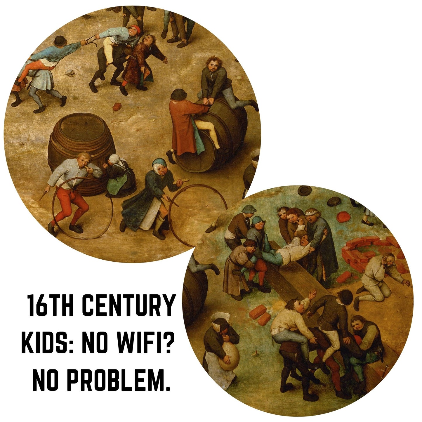 Bruegel’s ‘Children’s Games’ wooden jigsaw puzzle featuring a bustling 16th-century Flemish town square filled with traditional childhood games.