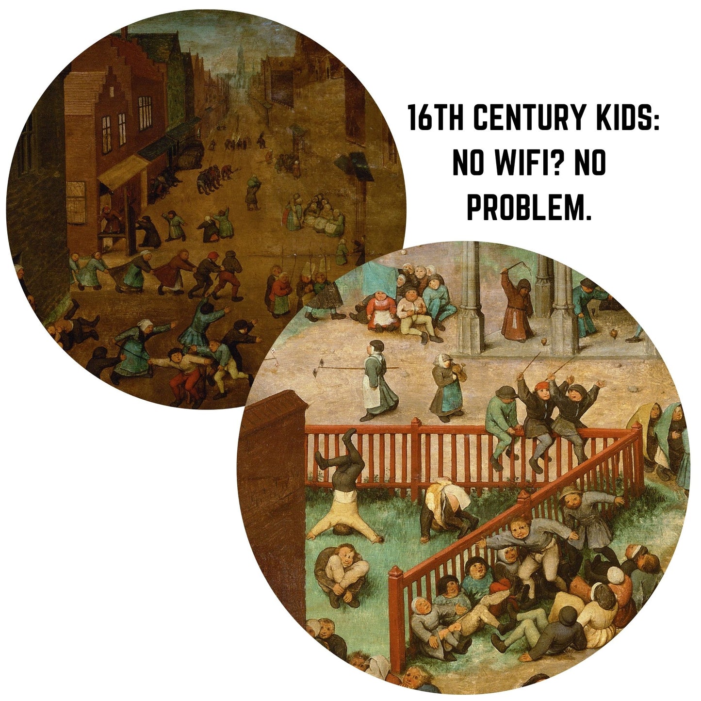 Bruegel’s ‘Children’s Games’ wooden jigsaw puzzle featuring a bustling 16th-century Flemish town square filled with traditional childhood games.