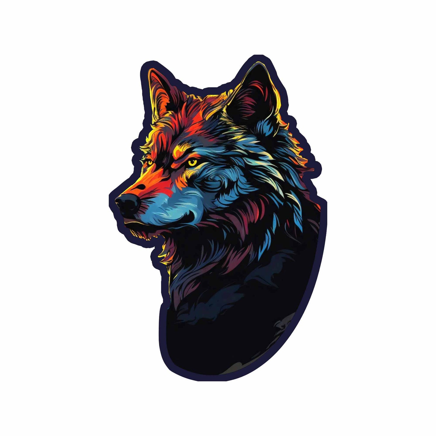 A stylized wolf head, depicted in a three-quarter view wooden jigsaw puzzle.