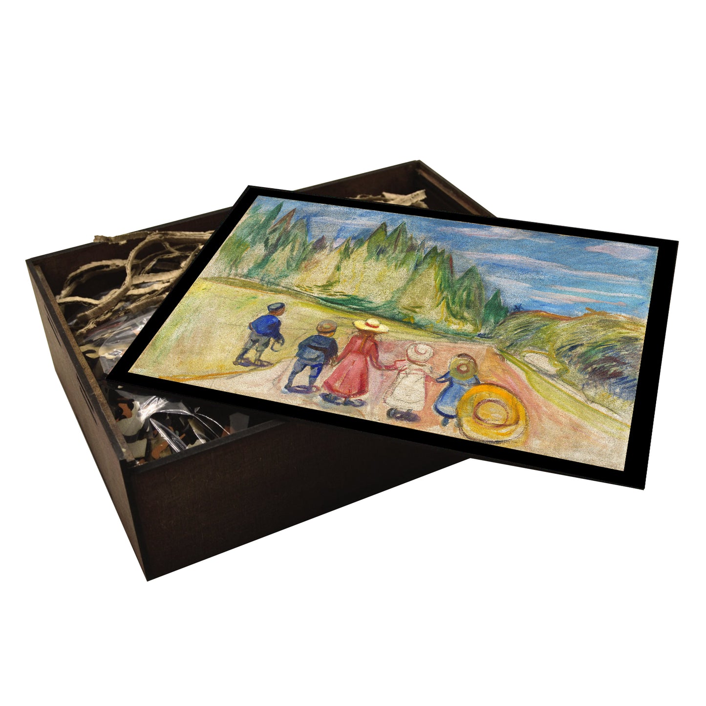 Edvard Munch's 'The Fairytale' puzzle in handcrafted wooden box. Eerie forest scene with ghostly white tree trunks, capturing Munch's signature expressionist style