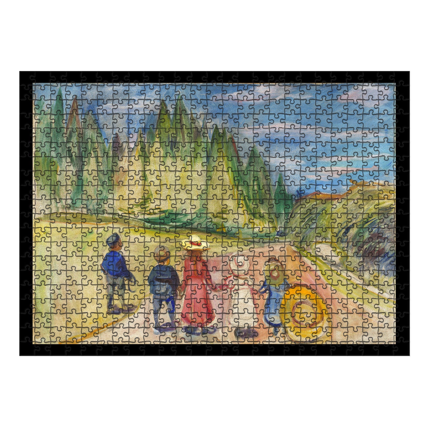 Edvard Munch's 'The Fairytale' puzzle in handcrafted wooden box. Eerie forest scene with ghostly white tree trunks, capturing Munch's signature expressionist style