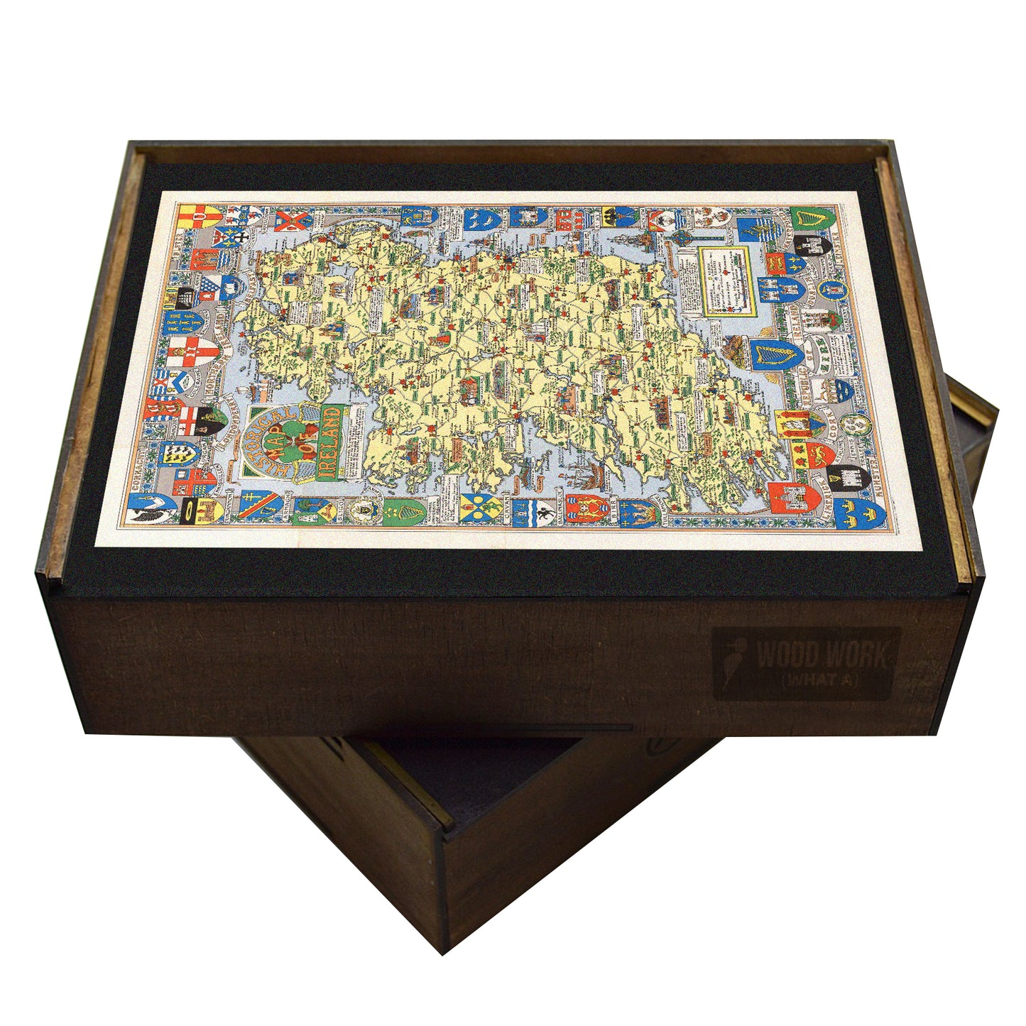 Vintage Ireland regions map puzzle. Heraldic coats of arms, colorful, detailed.