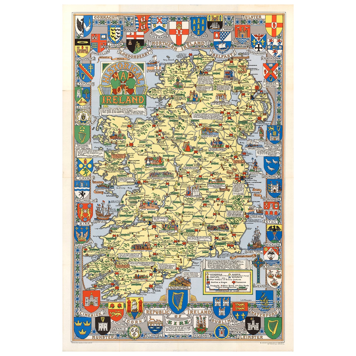 Vintage Ireland regions map puzzle. Heraldic coats of arms, colorful, detailed. Vintage artwork est. 1920