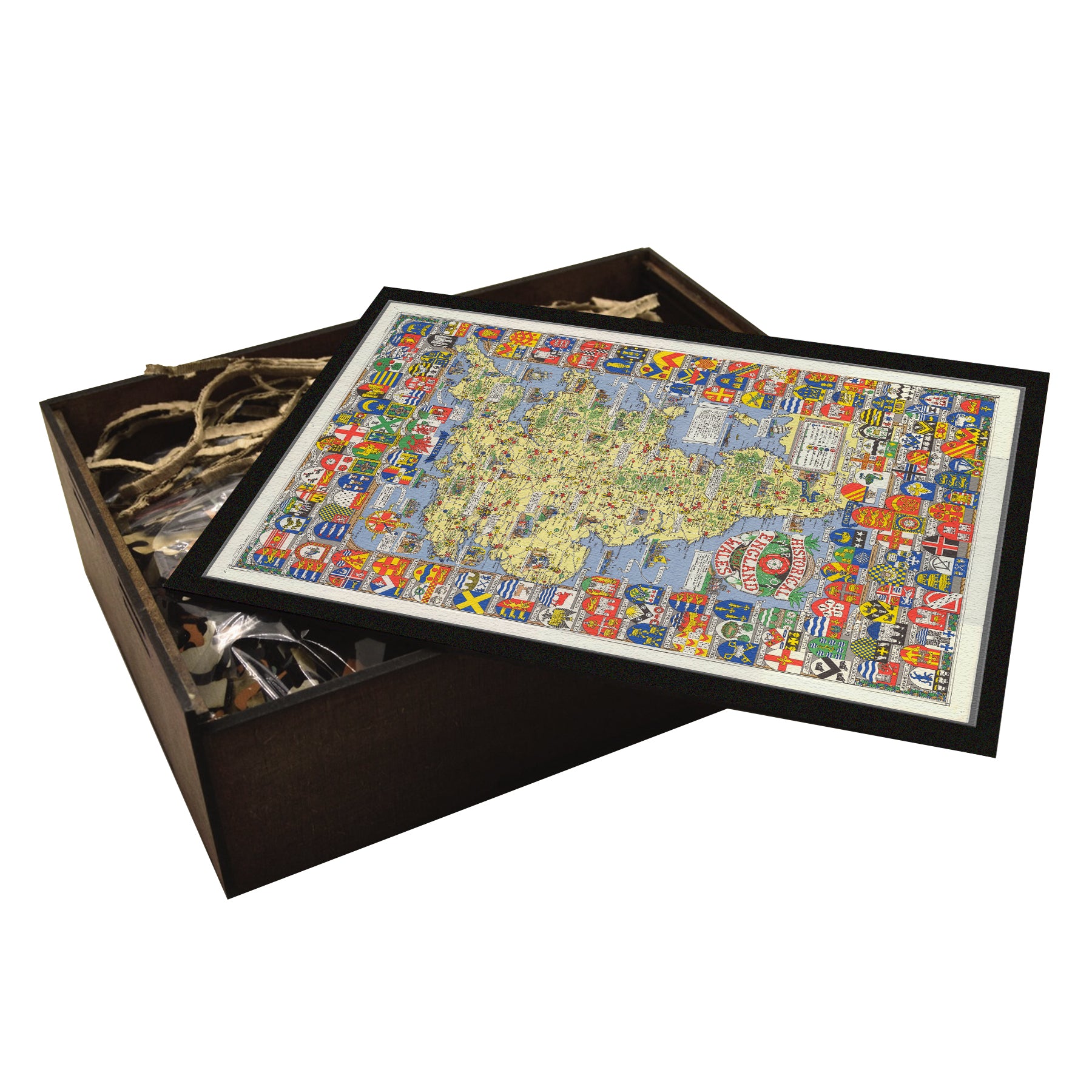 A high-quality wooden jigsaw puzzle of a vintage heraldic map of England and Wales, featuring historic landmarks, roads, and coats of arms. Comes in a handmade wooden keepsake box.