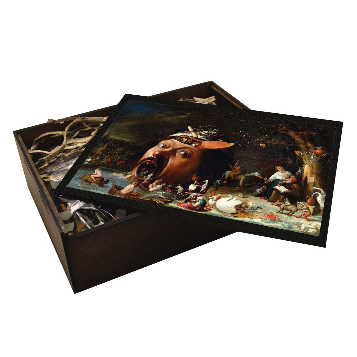 Joos van Craesbeeck’s ‘The Temptation of St. Anthony’ wooden jigsaw puzzle, featuring surreal Flemish Baroque art with grotesque and allegorical figures.