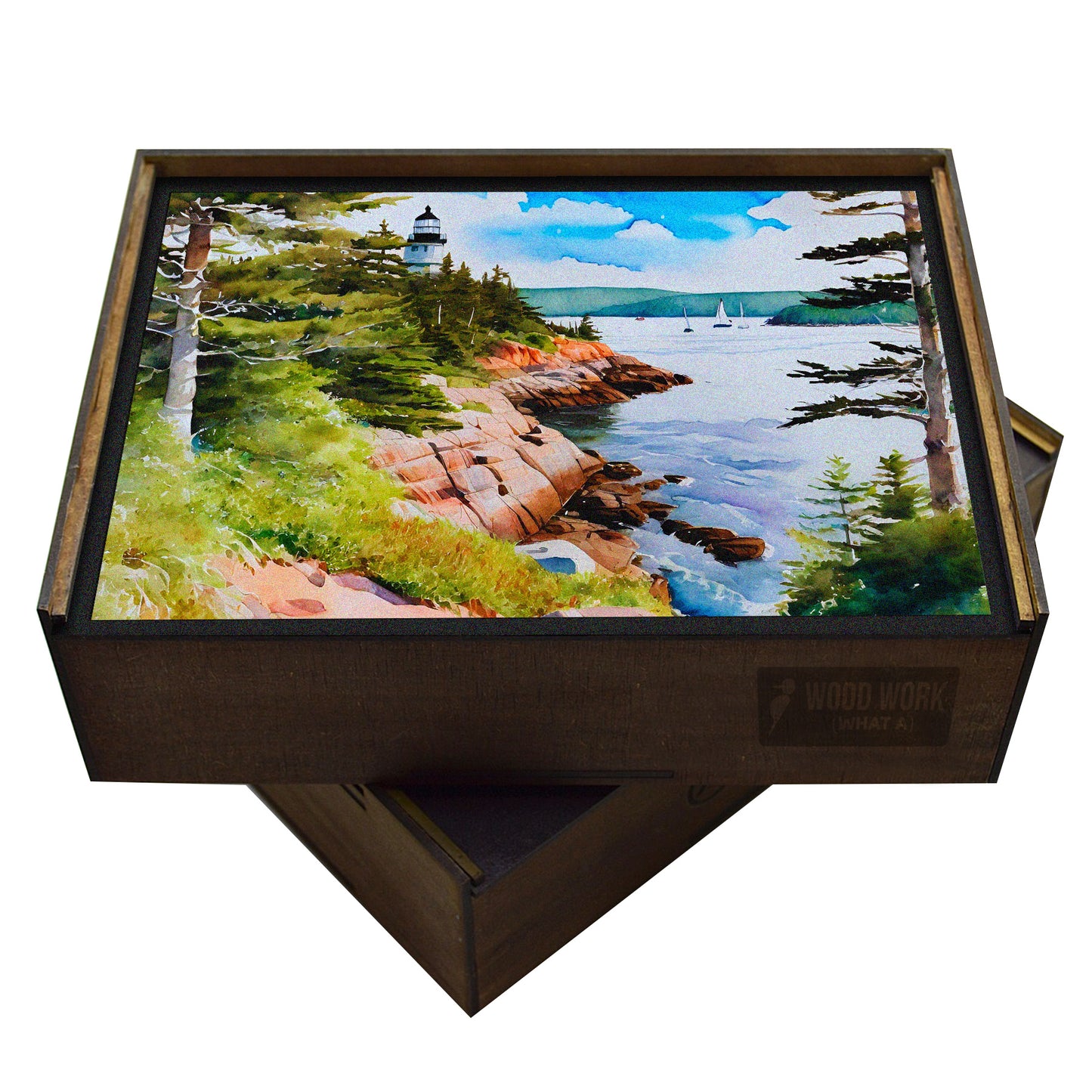 Watercolor Painting of a Lighthouse on a Rocky Coast. collectible wooden jigsaw puzzle