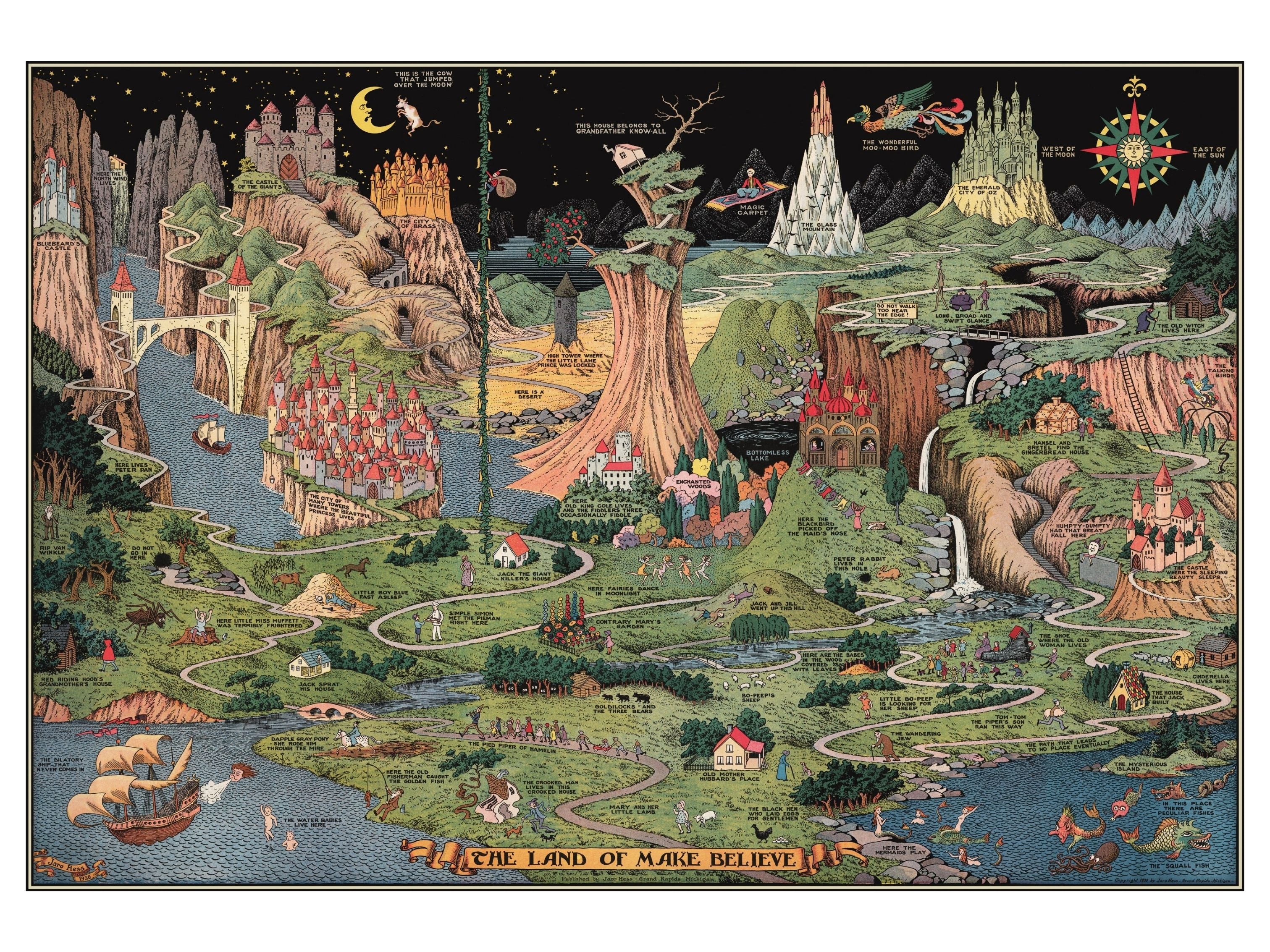 Flat lay of The Land of Make Believe wooden puzzle completed, showing vibrant fairytale map artwork by Jaro Hess.