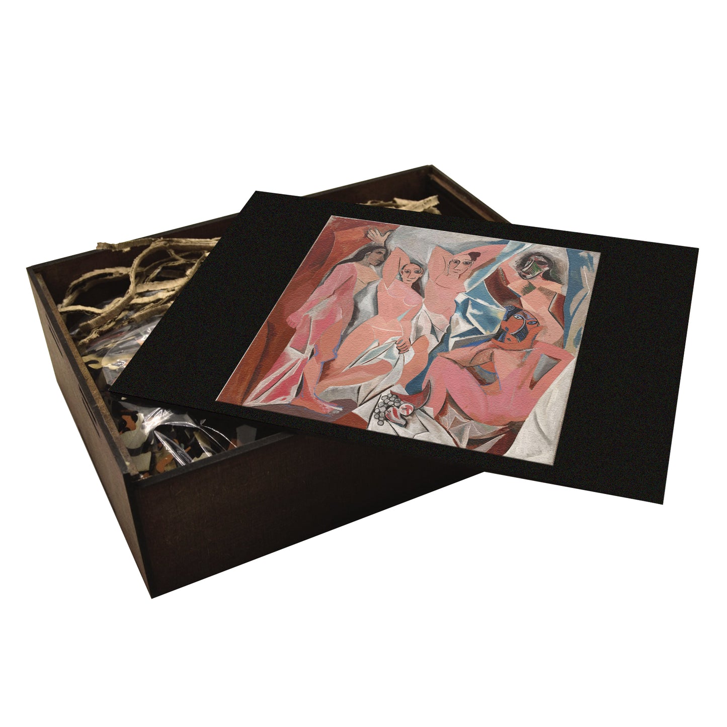 Picasso's Les Demoiselles d'Avignon wooden jigsaw puzzle. Cubism, five figures, fractured forms, geometric shapes.