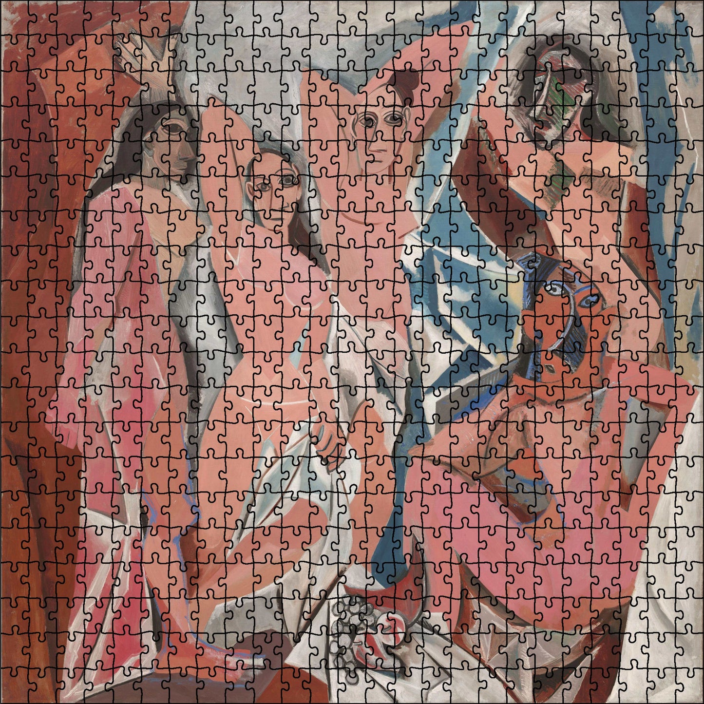 Picasso's Les Demoiselles d'Avignon wooden jigsaw puzzle. Cubism, five figures, fractured forms, geometric shapes.