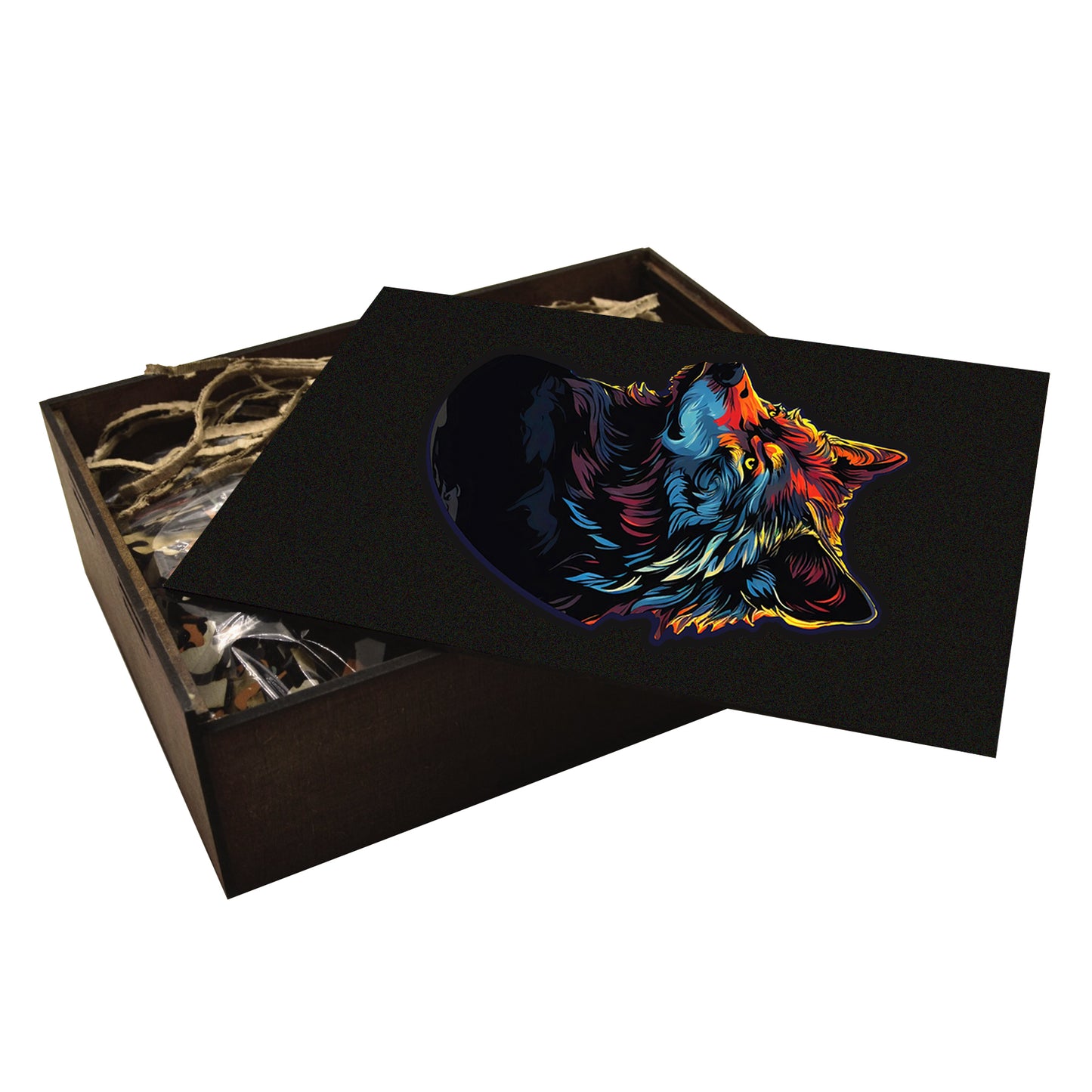 a wooden handcrafted box of a wolf puzzle. The wolf's head fills the frame, with a dark, solid background that contrasts with the vibrant colors.