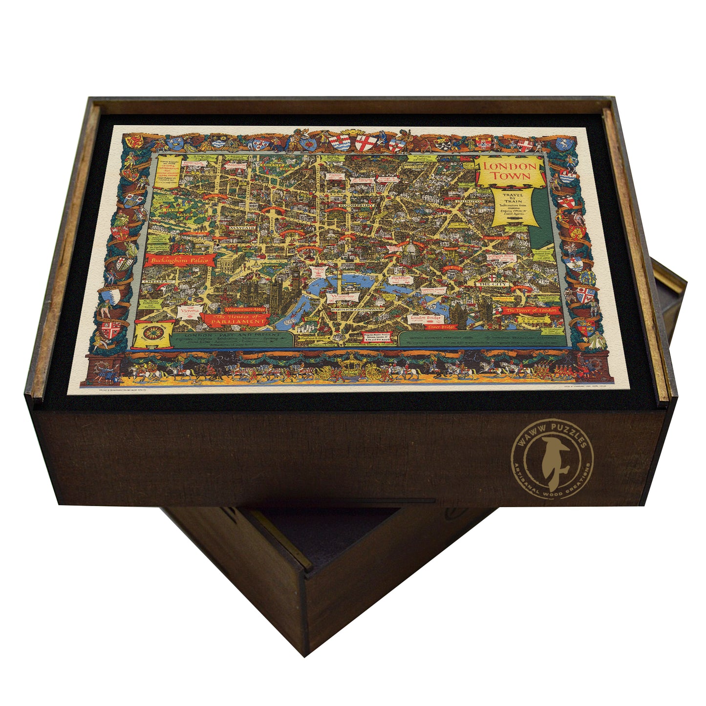 high-quality wooden jigsaw puzzle of a vintage illustrated map of London, featuring historic streets, landmarks, and decorative heraldic crests. Comes in a handmade wooden keepsake box