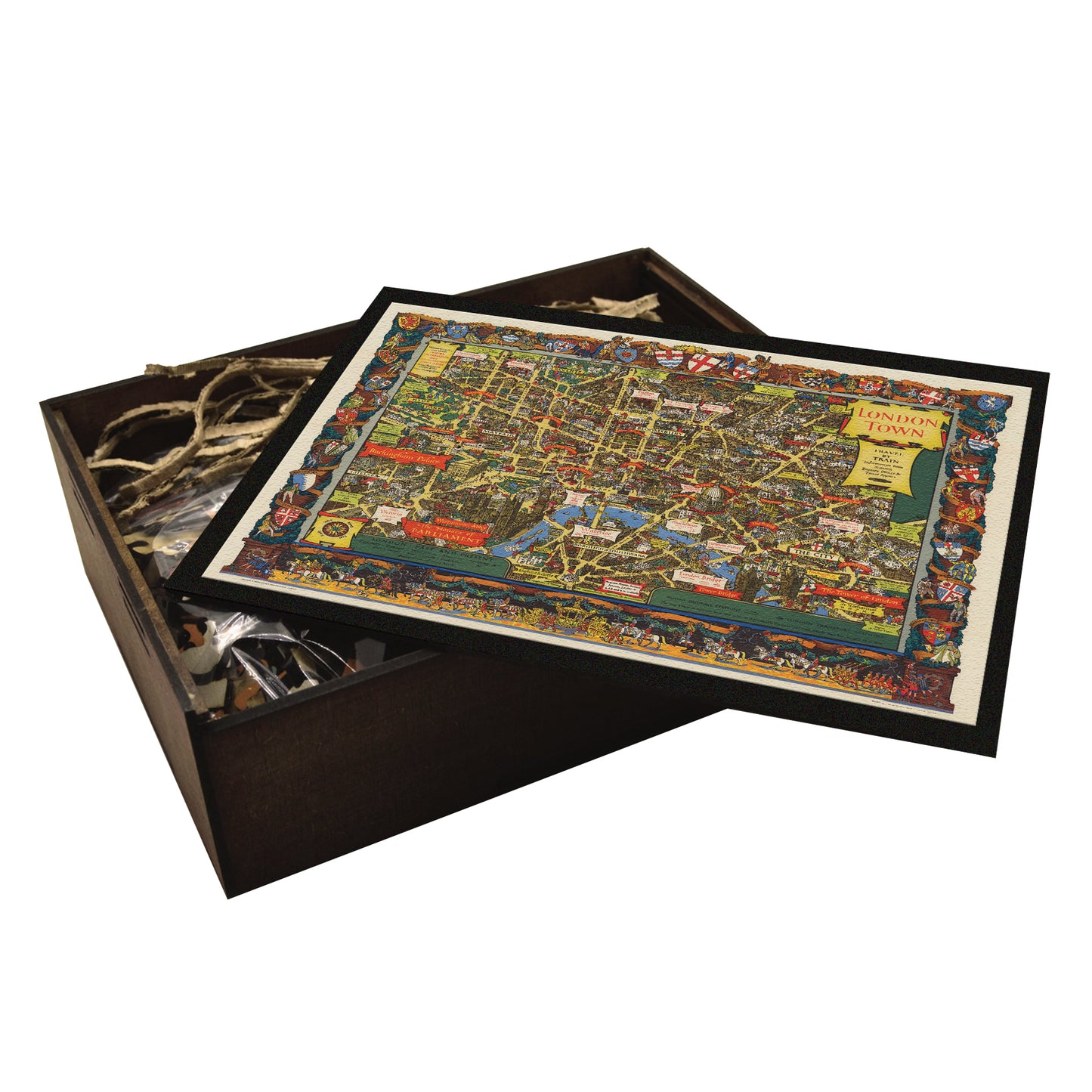 high-quality wooden jigsaw puzzle of a vintage illustrated map of London, featuring historic streets, landmarks, and decorative heraldic crests. Comes in a handmade wooden keepsake box