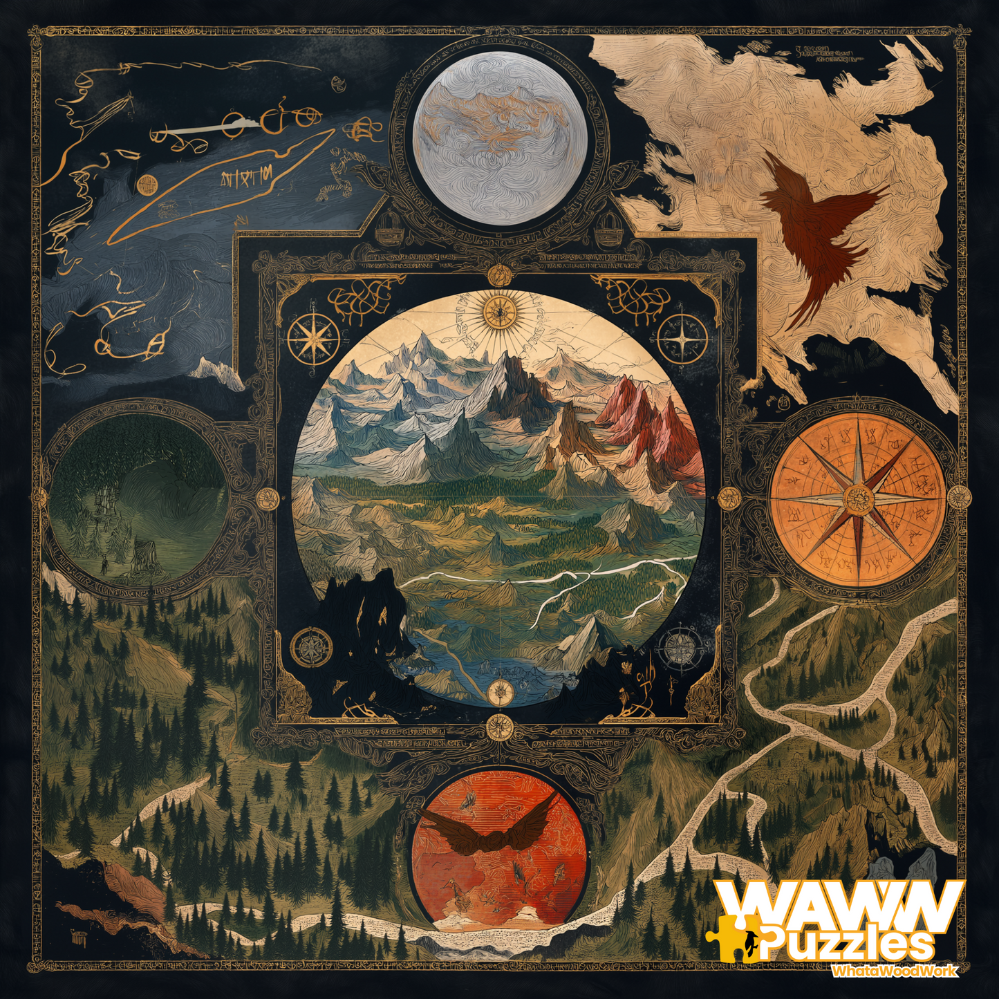 Middle-earth fantasy map wooden jigsaw puzzle featuring vintage-style cartography, illustrated landscapes, compass rose, and intricate borders. High-resolution UV-printed design on eco-friendly MDF with a handcrafted finish.
