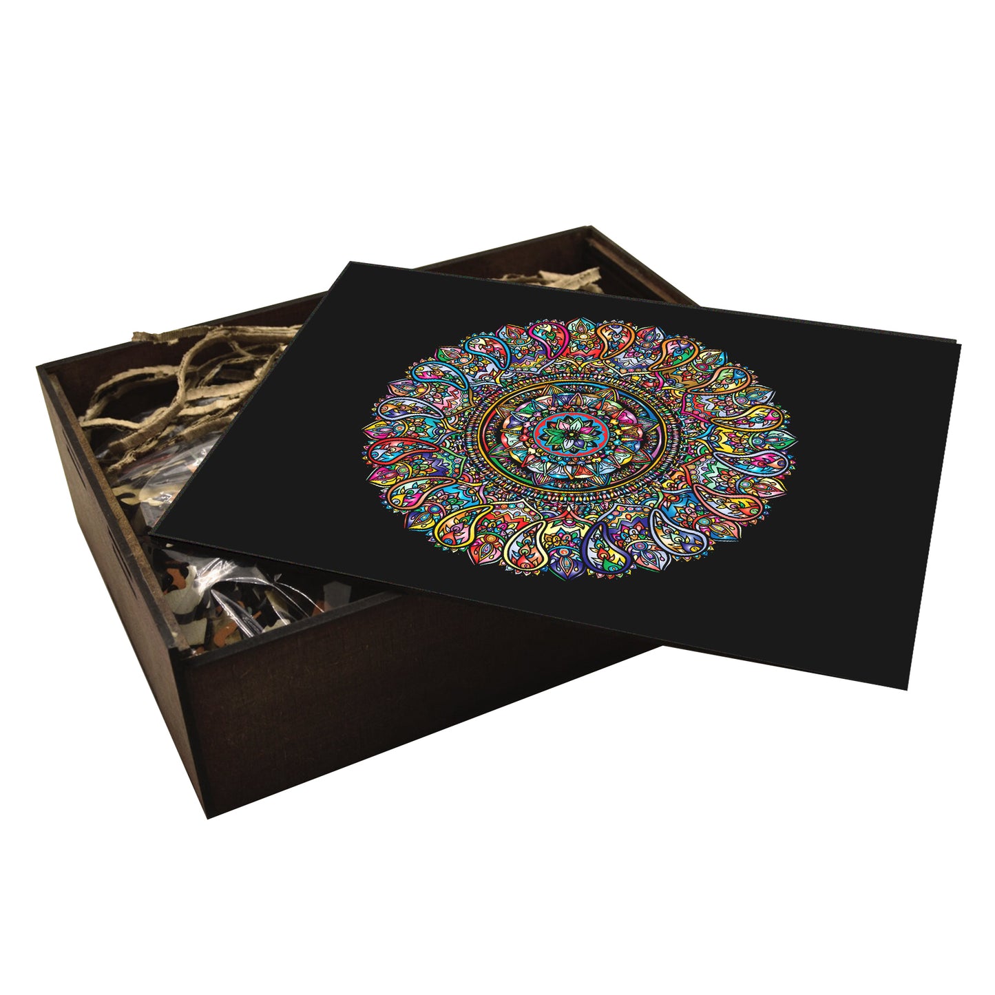 Vibrant Mandala Wooden Puzzle: A Kaleidoscope of Color and Intricate Design in a beautiful wooden handcrafted box