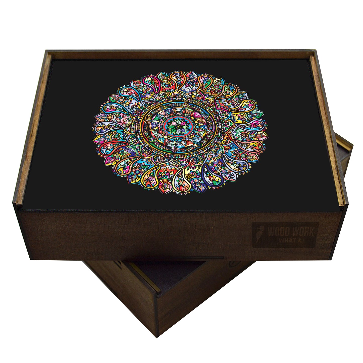 Vibrant Mandala Wooden Puzzle: A Kaleidoscope of Color and Intricate Design in a wooden jigsaw box