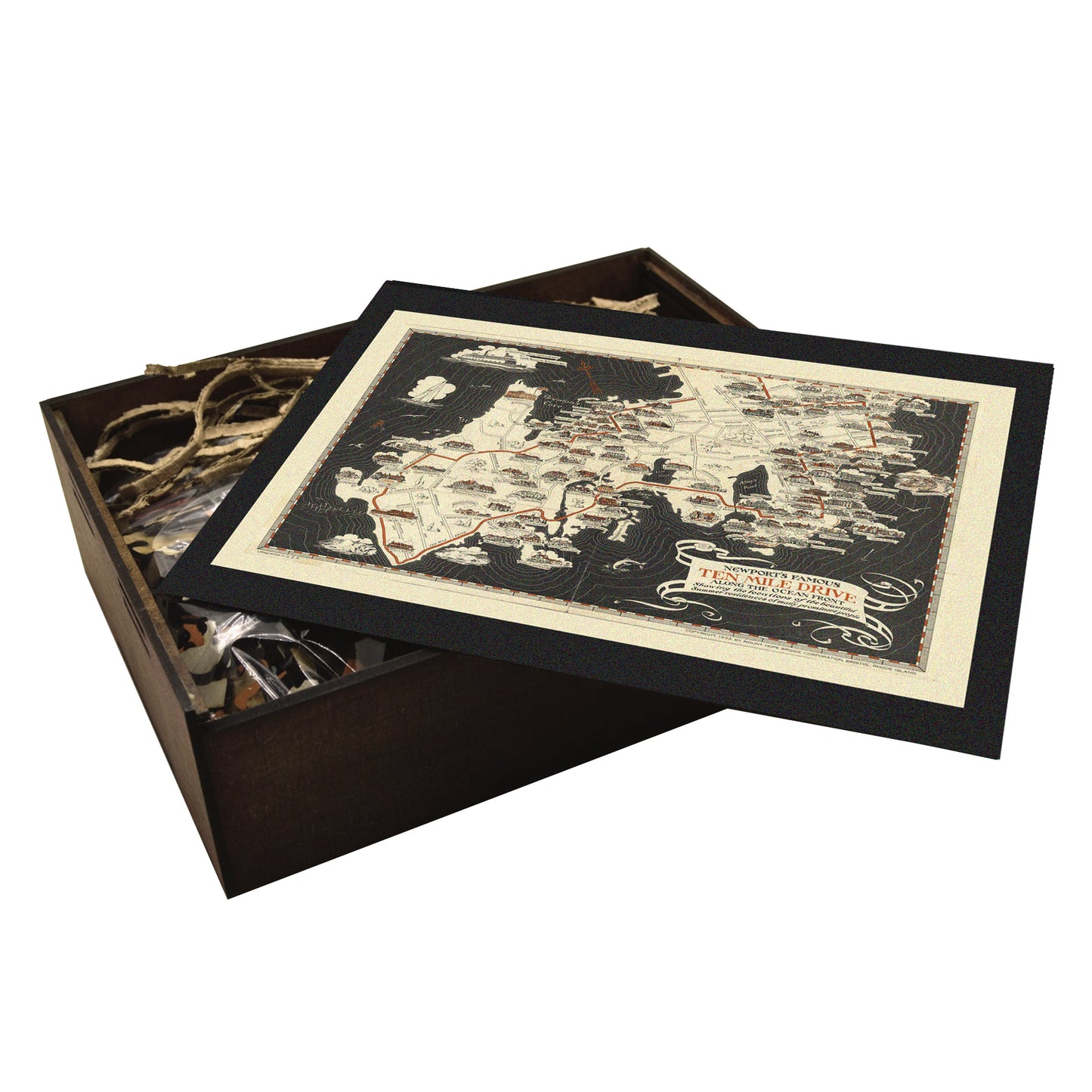 1933 Newport RI map wooden puzzle. Vintage Ten Mile Drive, black & white, handcrafted BOX