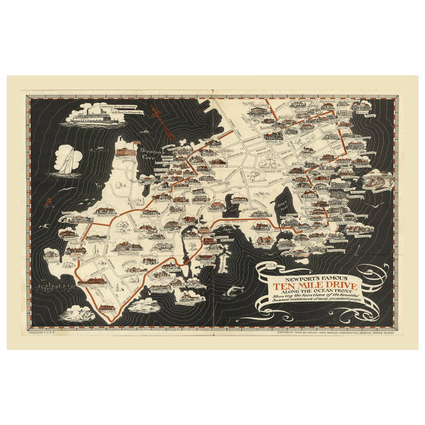 1933 Newport RI map wooden puzzle. Vintage Ten Mile Drive, black & white PICTORIAL map.