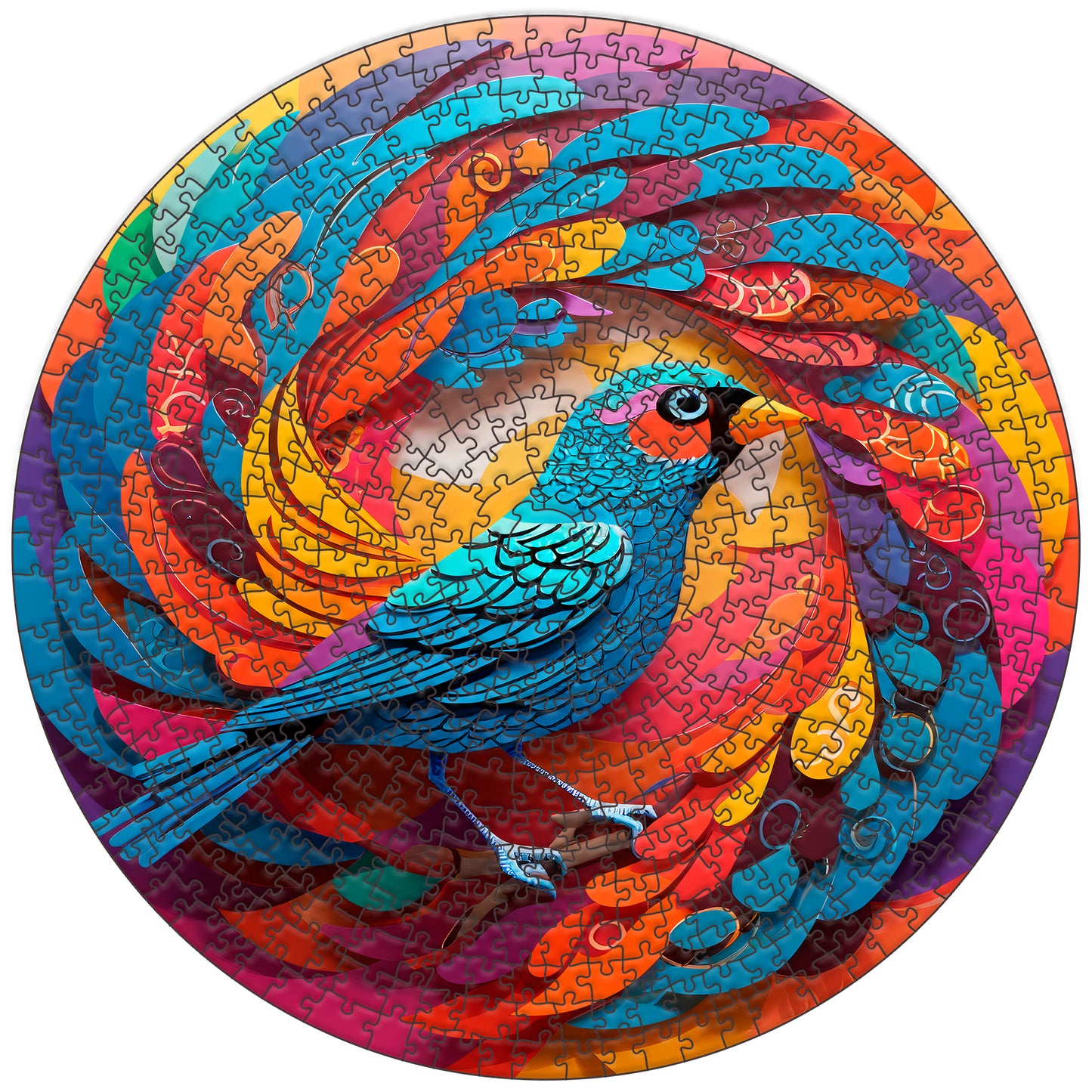 Colorful Bird Round Wooden Puzzle: Stylized blue bird with layered, vibrant plumage, perched on a branch, set against a colorful, circular abstract background. Wooden jigsaw puzzle.