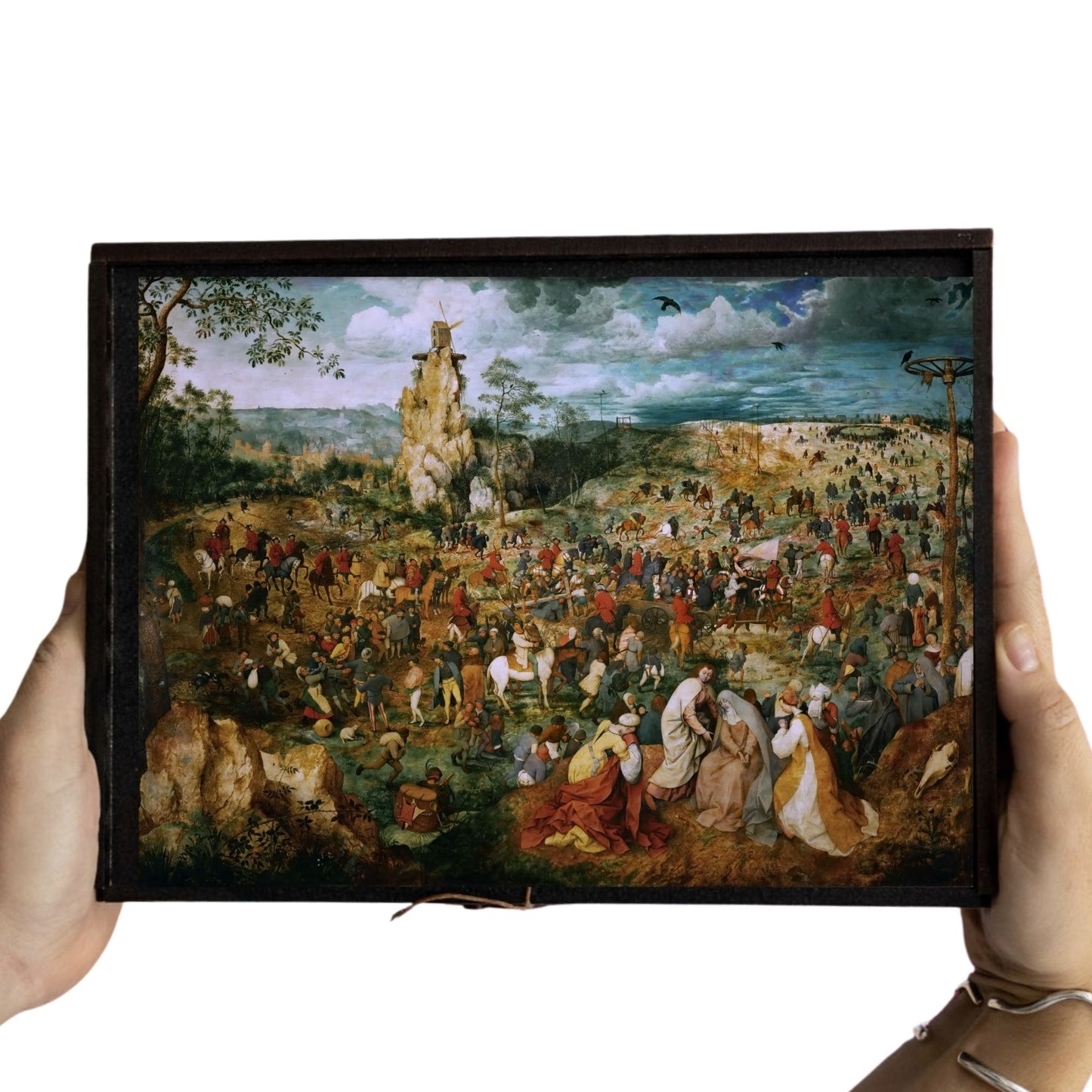Wooden jigsaw puzzle of Bruegel's 'Procession to Calvary' (1564) - detailed Flemish Renaissance masterpiece with biblical scene