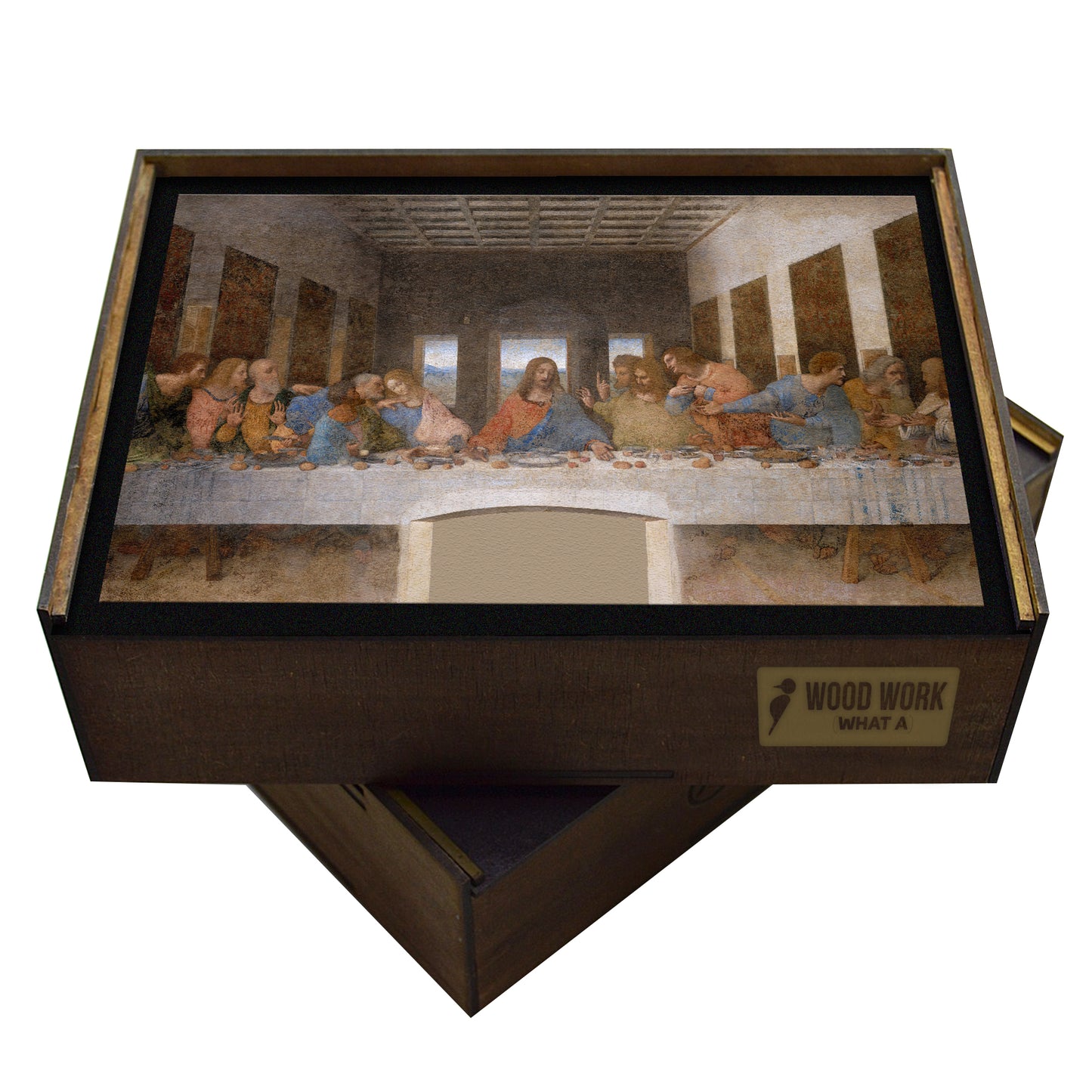 A high-quality wooden jigsaw puzzle of Leonardo da Vinci’s "The Last Supper," featuring intricate details of the Renaissance masterpiece with expressive disciples seated around Jesus. Comes in a handmade wooden keepsake box.