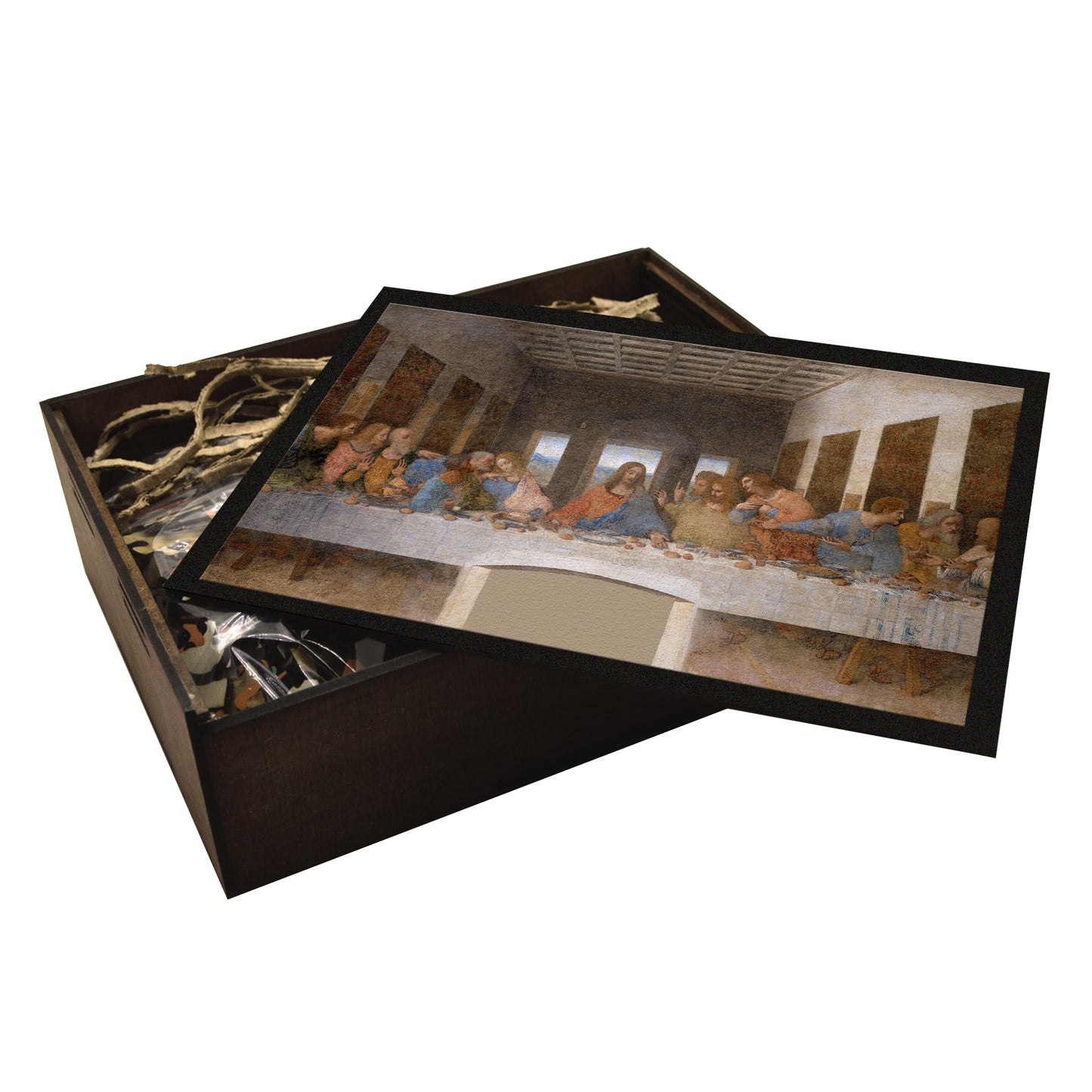 A high-quality wooden jigsaw puzzle of Leonardo da Vinci’s "The Last Supper," featuring intricate details of the Renaissance masterpiece with expressive disciples seated around Jesus. Comes in a handmade wooden keepsake box.