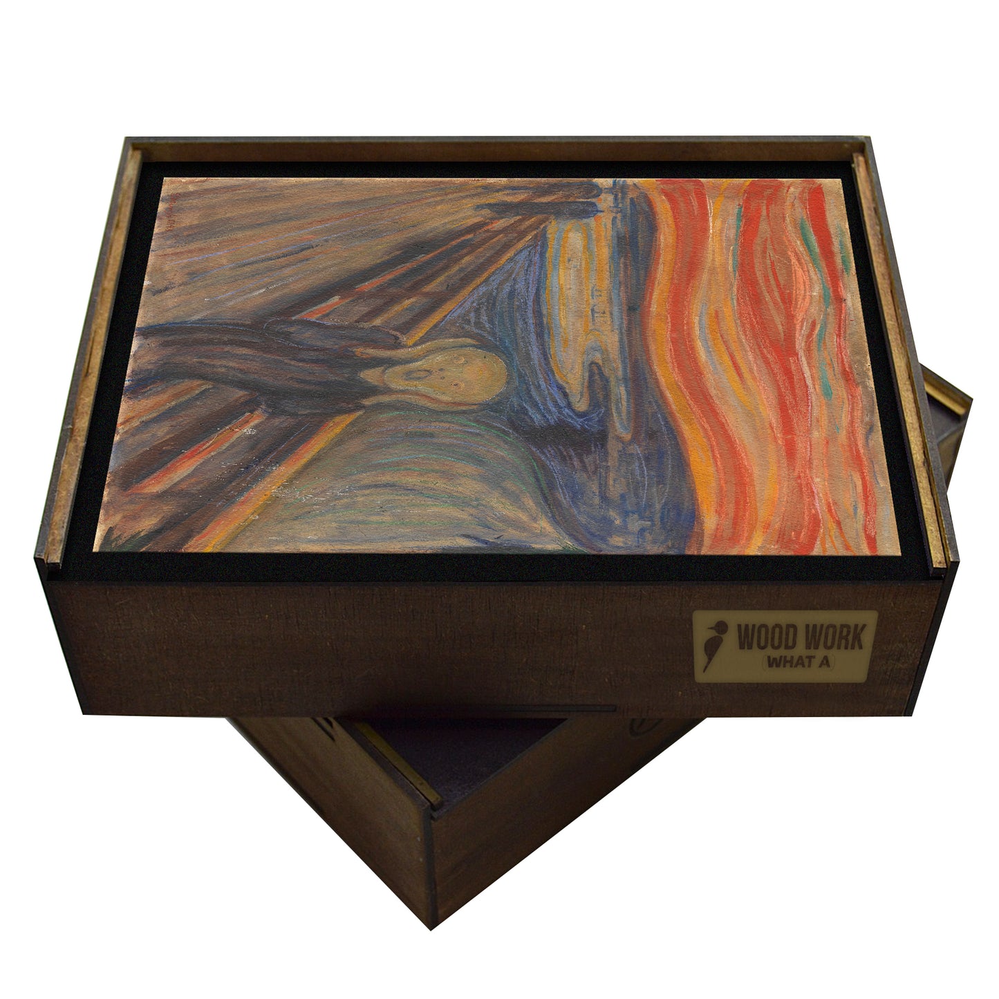 A high-quality wooden jigsaw puzzle of Edvard Munch’s "The Scream," featuring vivid brushstrokes, a striking red-orange sky, and an iconic anguished figure. Comes in a handmade wooden keepsake box.