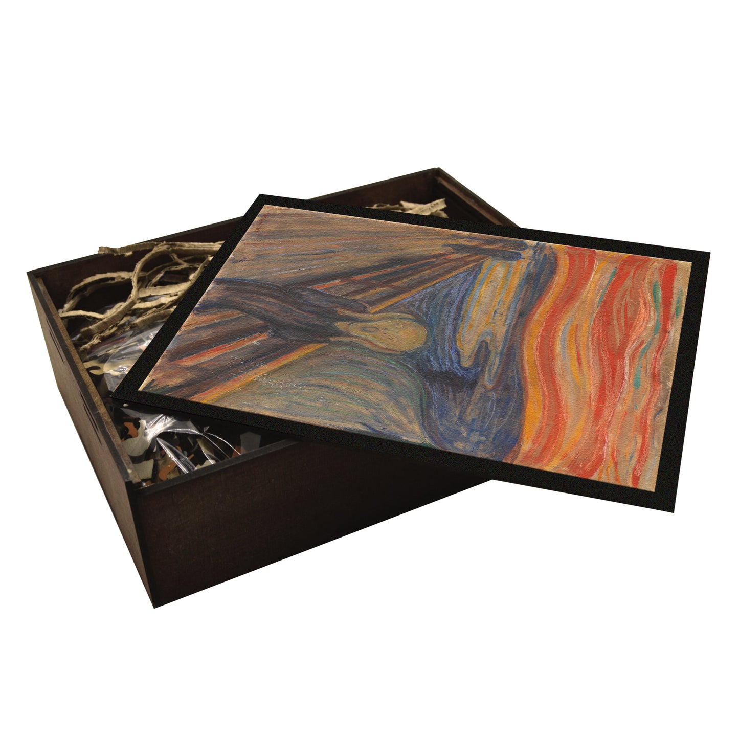 A high-quality wooden jigsaw puzzle of Edvard Munch’s "The Scream," featuring vivid brushstrokes, a striking red-orange sky, and an iconic anguished figure. Comes in a handmade wooden keepsake box.