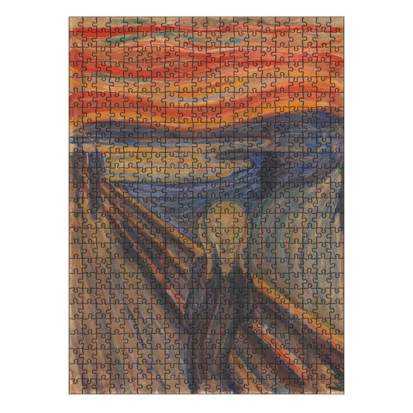 A high-quality wooden jigsaw puzzle of Edvard Munch’s "The Scream," featuring vivid brushstrokes, a striking red-orange sky, and an iconic anguished figure. Comes in a handmade wooden keepsake box.