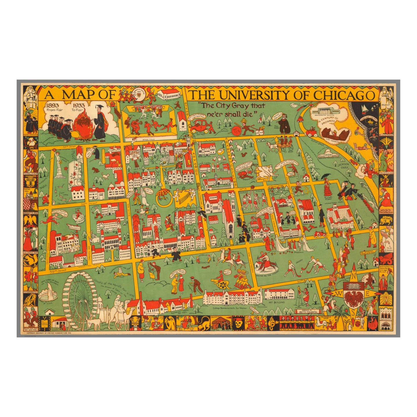1933 University of Chicago illustrated map wooden jigsaw puzzle, featuring historic campus landmarks, Art Deco style, and collegiate traditions.