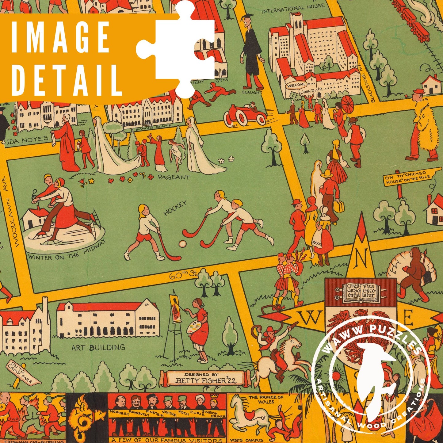 1933 University of Chicago illustrated map wooden jigsaw puzzle, featuring historic campus landmarks, Art Deco style, and collegiate traditions.
