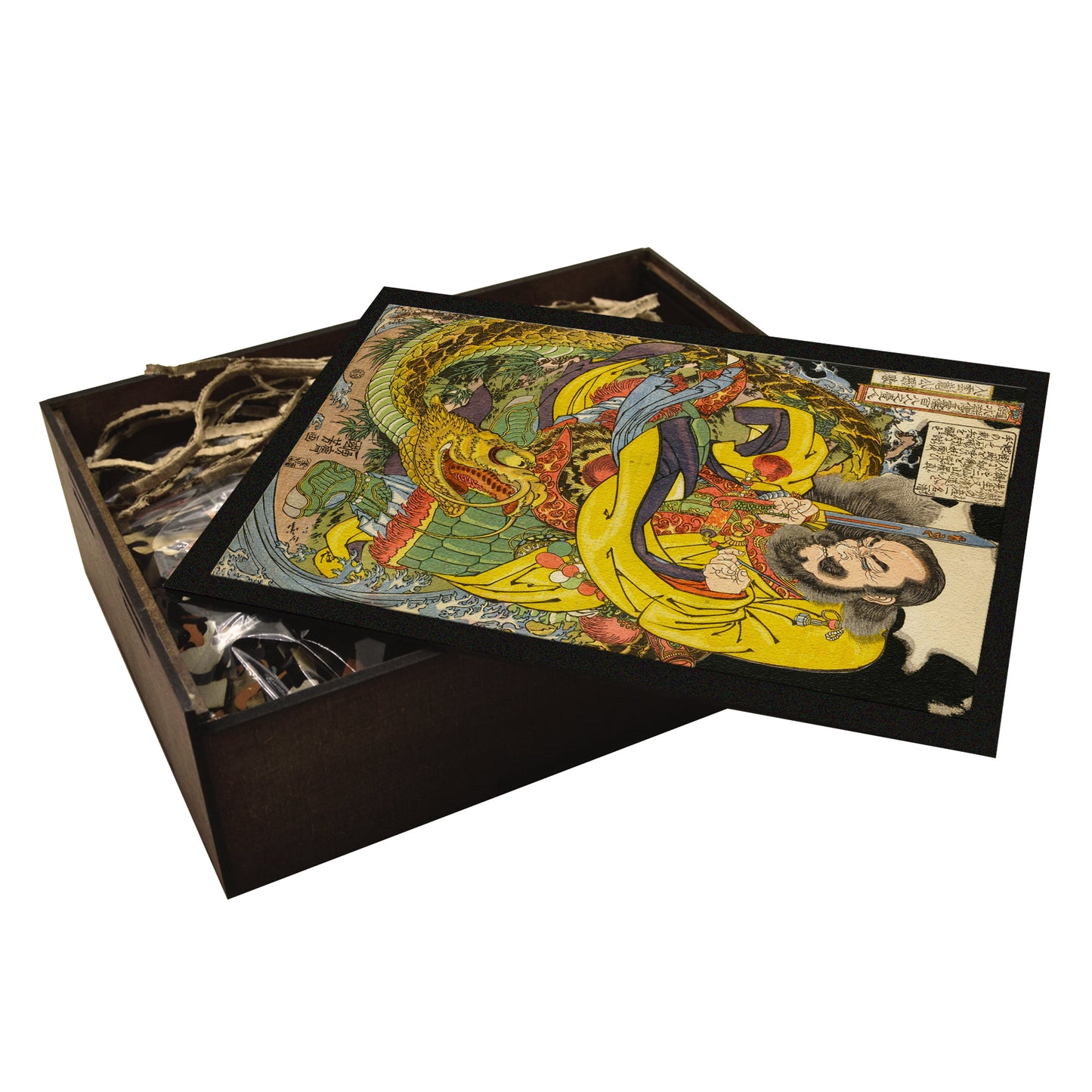 Collectible wooden jigsaw puzzle of a Japanese Warrior named Gongsun Sheng - Samurai Dragon Fight Art - Kuniyoshi. Handcrafted by WAWW Puzzles