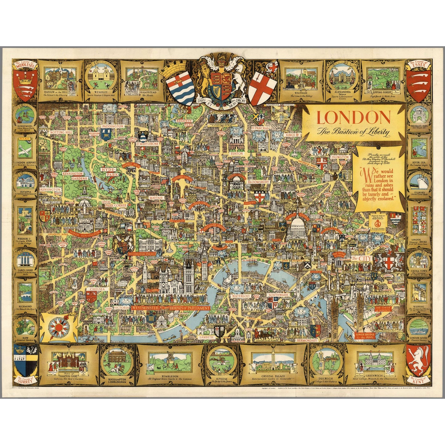 Collectible wooden puzzle of a vintage pictorial map of London featuring Tower of London, Buckingham Palace, Westminster Abbey, and historical imagery. Retro style art print for travel and home decor.