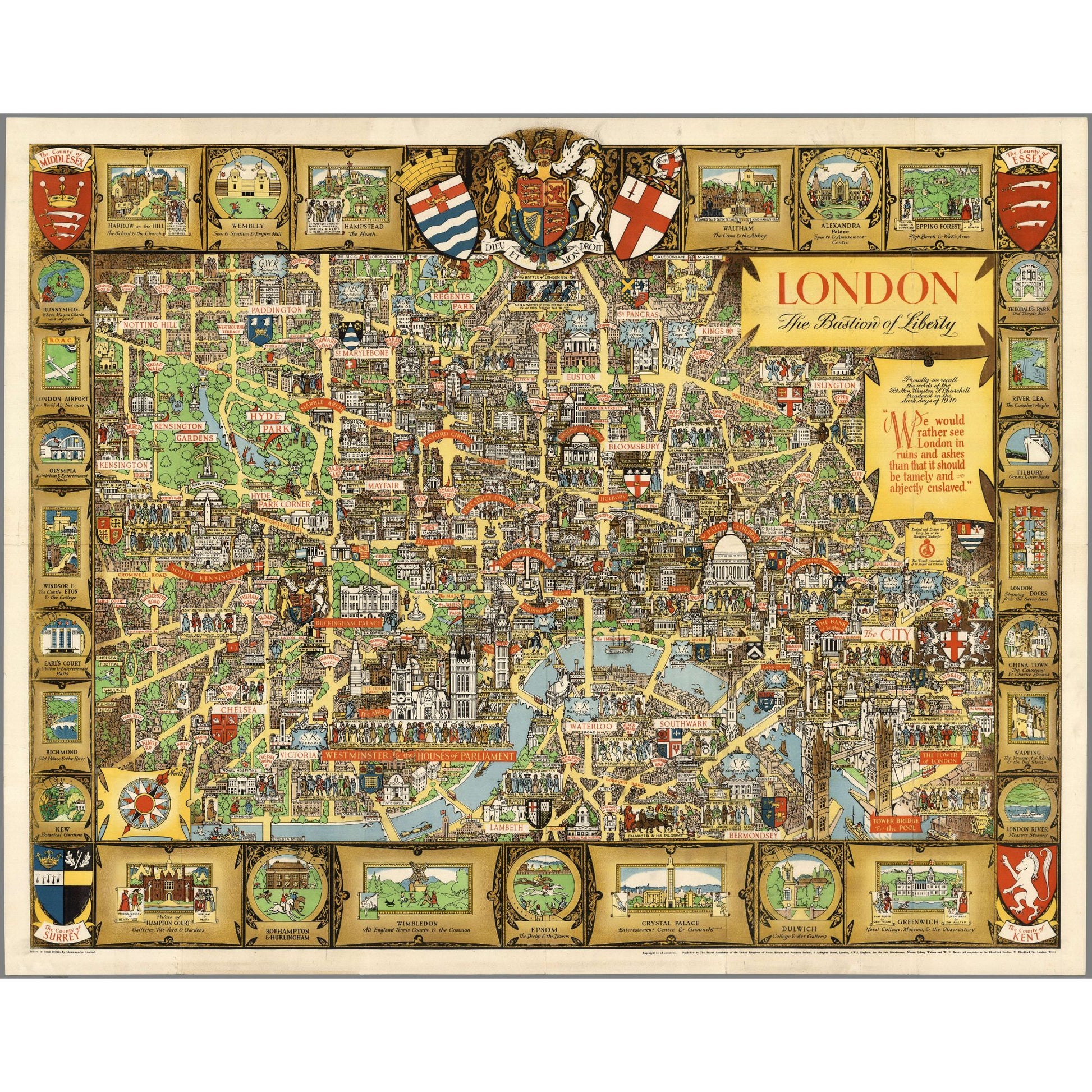 Collectible wooden puzzle of a vintage pictorial map of London featuring Tower of London, Buckingham Palace, Westminster Abbey, and historical imagery. Retro style art print for travel and home decor.