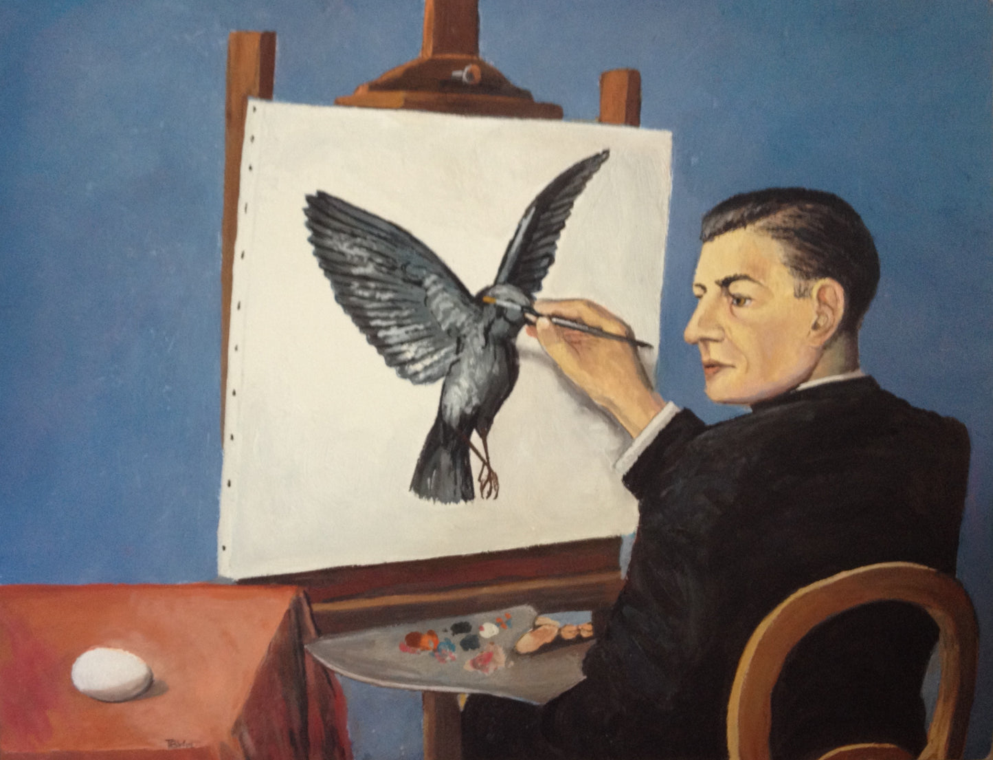 Offset lithograph of Rene Magritte's surrealist painting "La Clairvoyance." Art print puzzle