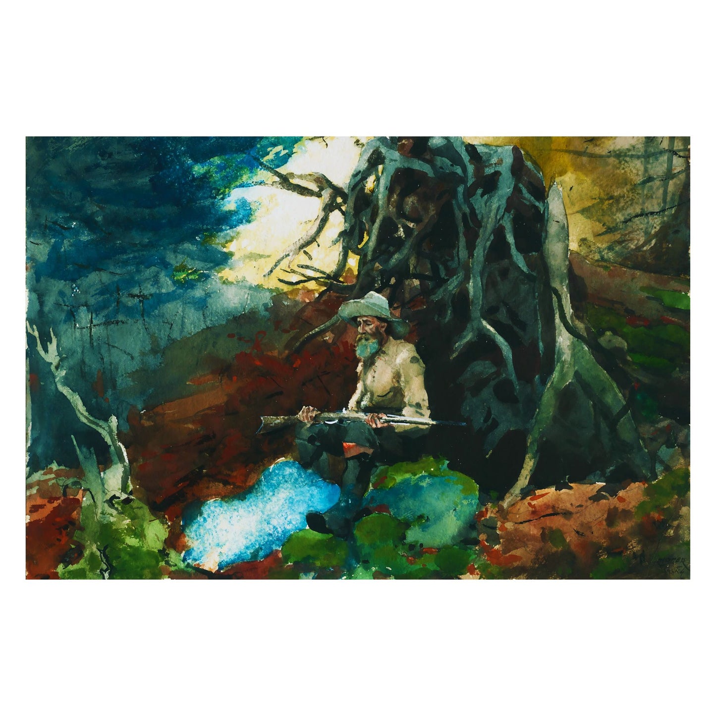 wooden puzzle of Winslow Homer's "Campfire, Adirondacks." A man sits by a campfire in a wilderness setting. Realist painting of the Adirondack Mountains.
