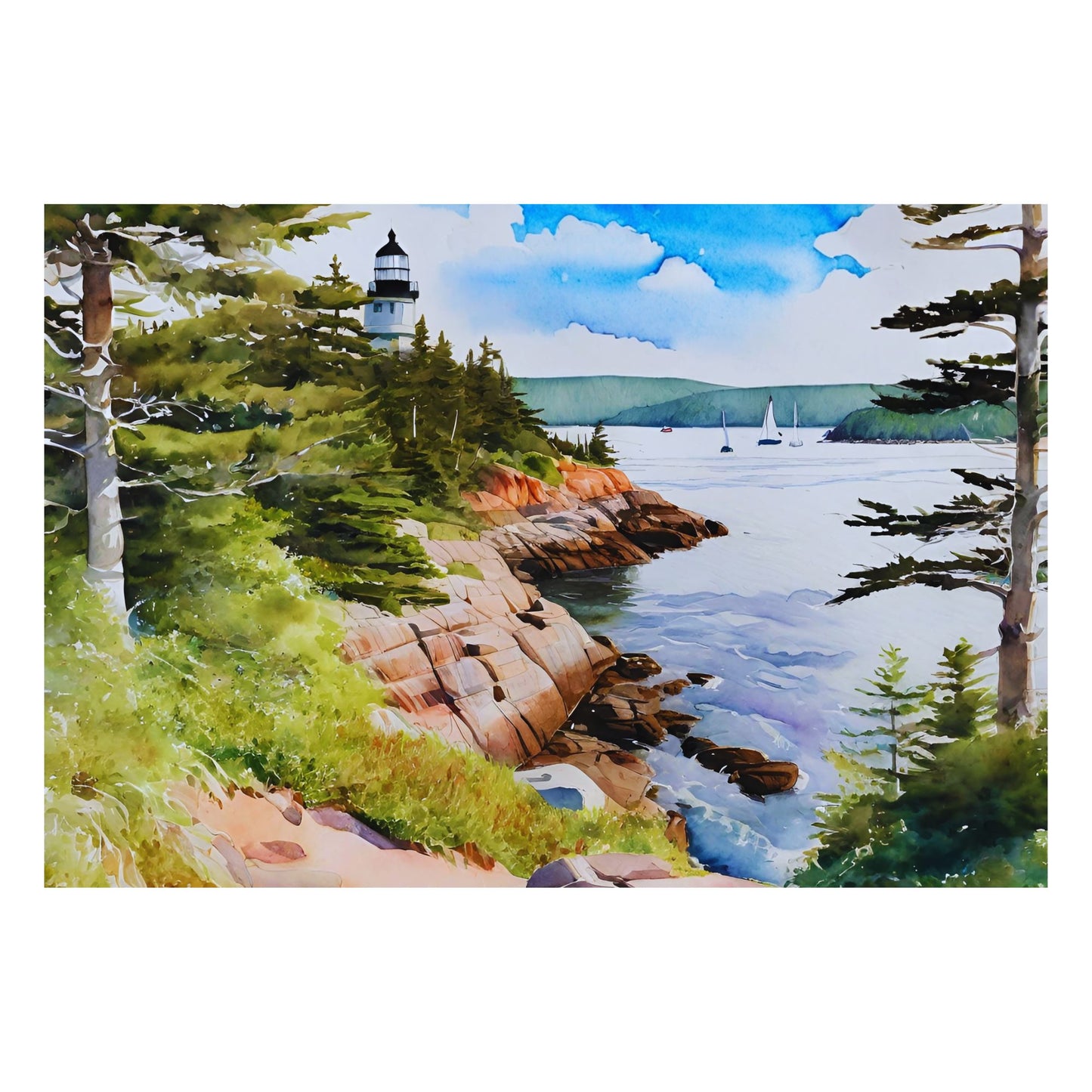 Watercolor Painting of a Lighthouse on a Rocky Coast. collectible wooden jigsaw puzzle