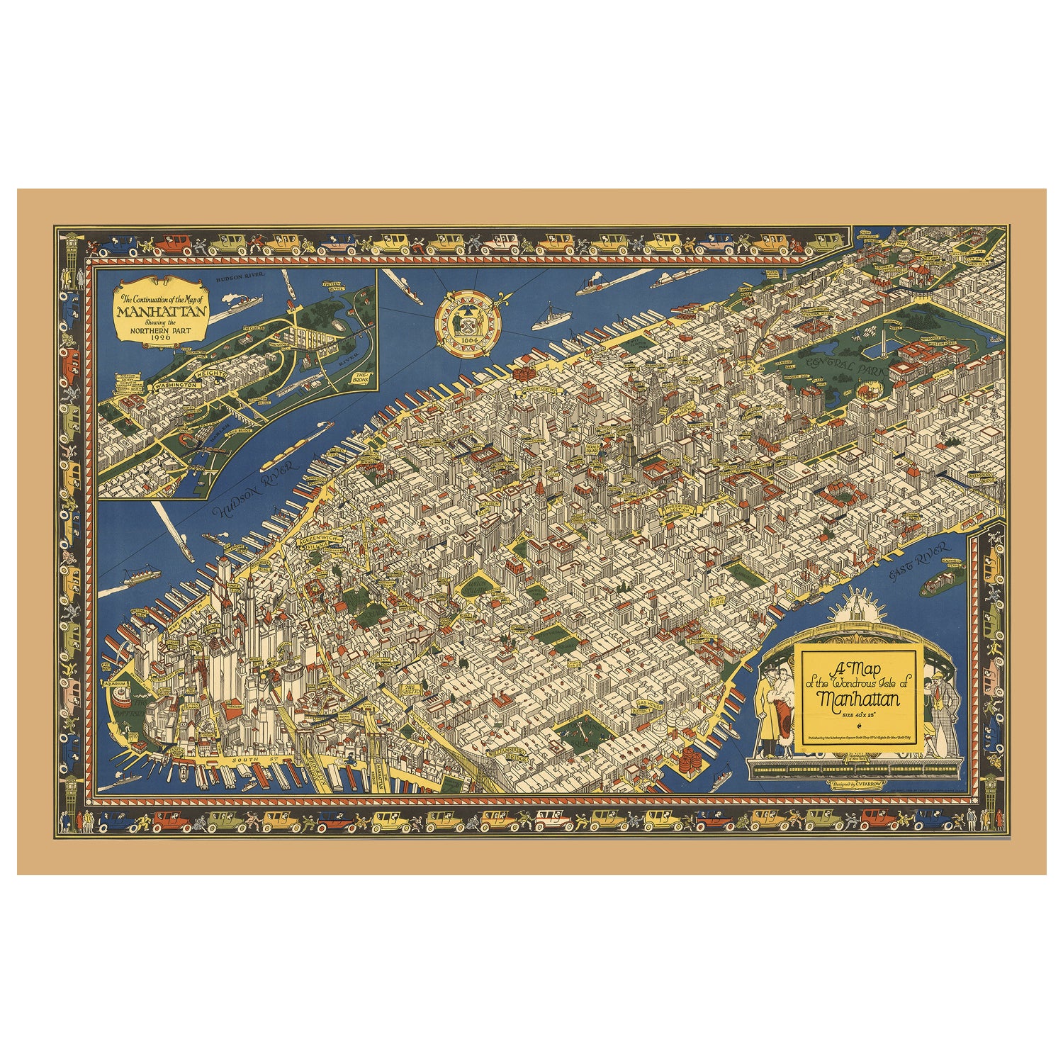 Vintage pictorial map of Manhattan (1926) by Charles Vernon Farrow, featuring Art Deco illustrations of landmarks and city life. Retro-style art print