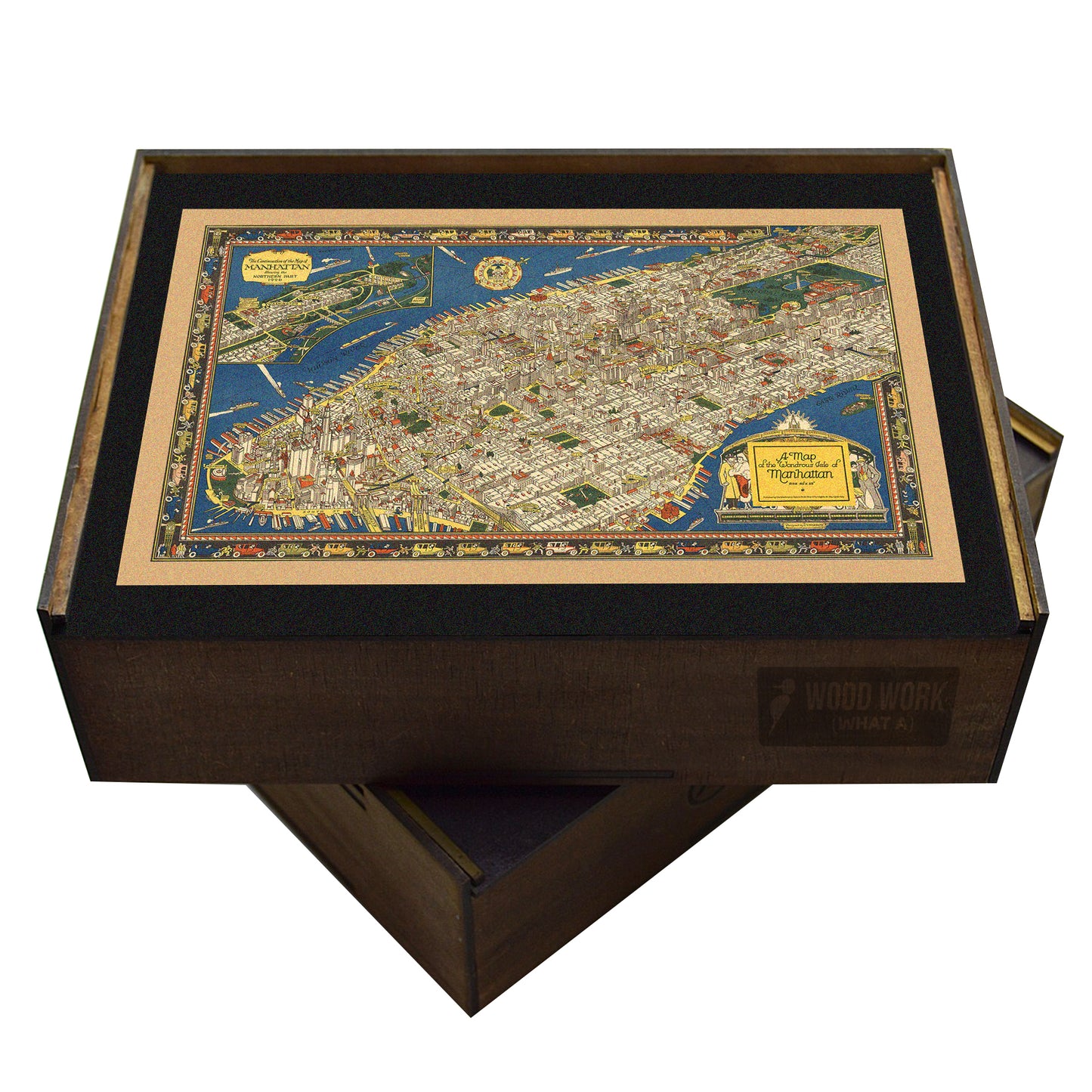 Vintage pictorial map of Manhattan (1926) by Charles Vernon Farrow, featuring Art Deco illustrations of landmarks and city life. Retro-style art wooden puzzle in a wooden box