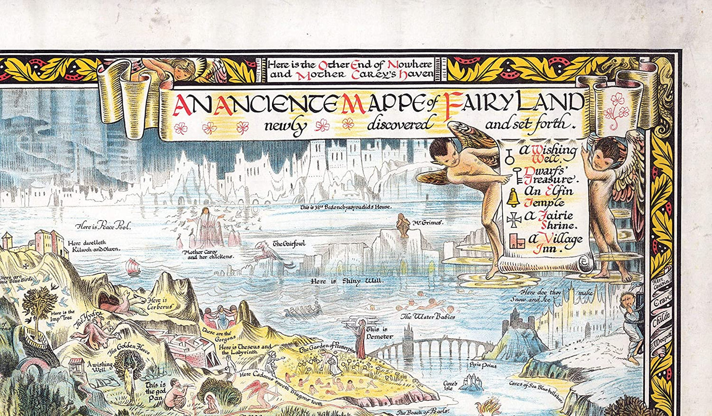 A high-quality wooden jigsaw puzzle of an ancient fantasy map of Fairyland, featuring mythical creatures, castles, and enchanted landscapes. Comes in a handmade wooden keepsake box. Bernard Sleigh Artwork, vintage land of dragons, fairies, trolls, witches, wizards, gnomes and nursery rhymes.