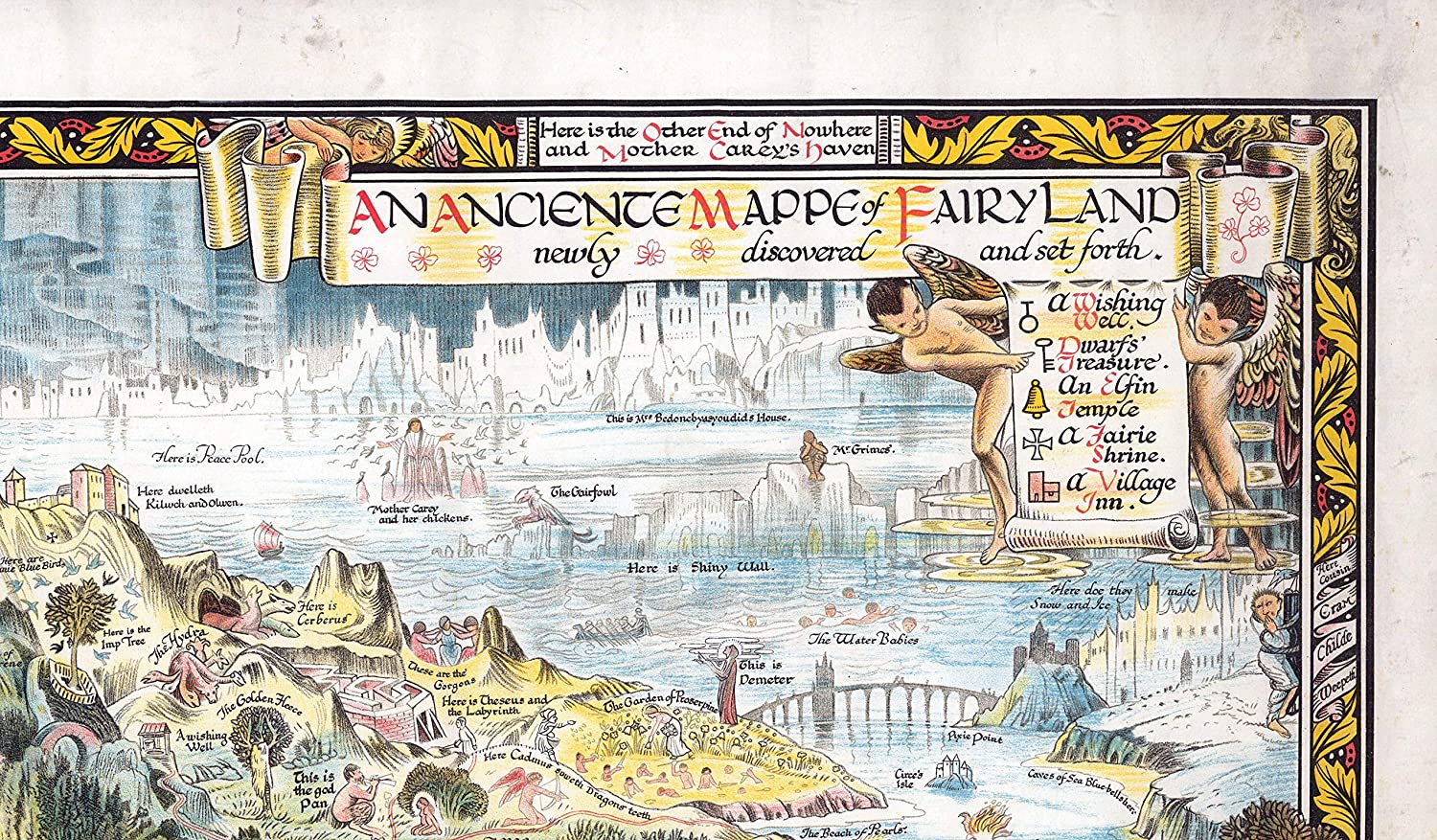 A high-quality wooden jigsaw puzzle of an ancient fantasy map of Fairyland, featuring mythical creatures, castles, and enchanted landscapes. Comes in a handmade wooden keepsake box. Bernard Sleigh Artwork, vintage land of dragons, fairies, trolls, witches, wizards, gnomes and nursery rhymes.