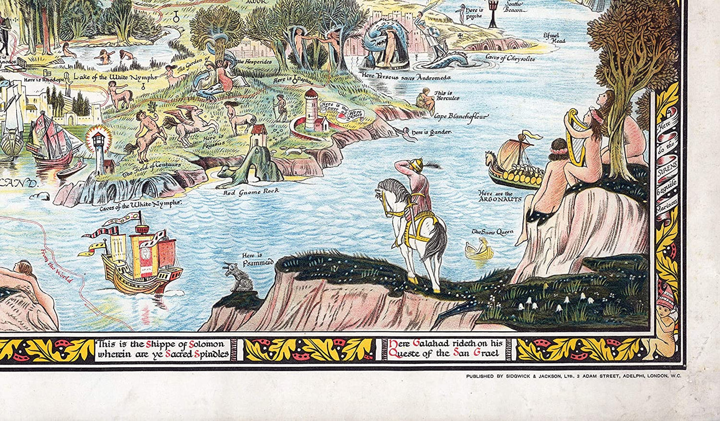 A high-quality wooden jigsaw puzzle of an ancient fantasy map of Fairyland, featuring mythical creatures, castles, and enchanted landscapes. Comes in a handmade wooden keepsake box. Bernard Sleigh Artwork, vintage land of dragons, fairies, trolls, witches, wizards, gnomes and nursery rhymes.