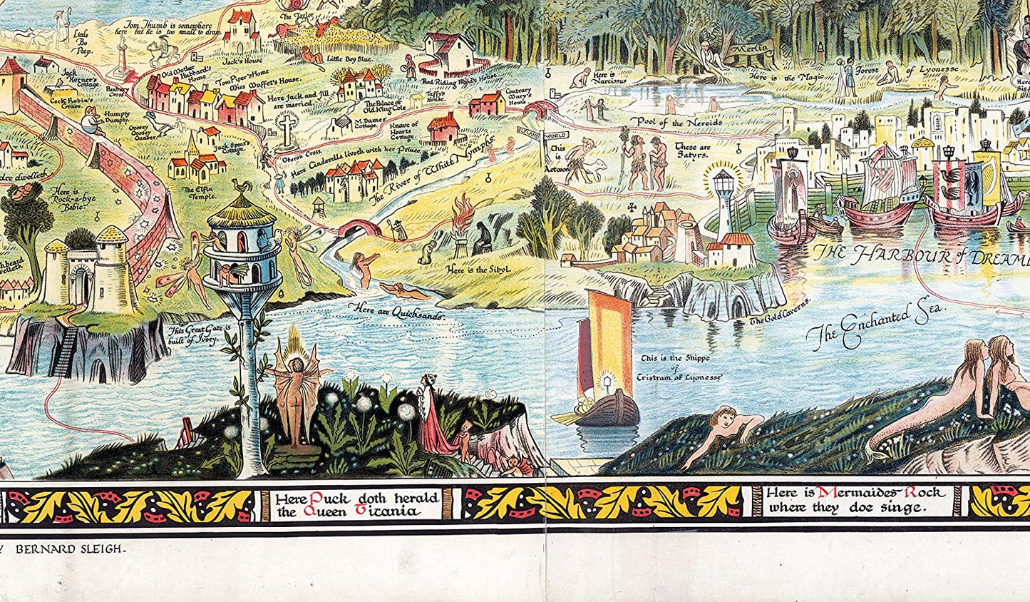 A high-quality wooden jigsaw puzzle of an ancient fantasy map of Fairyland, featuring mythical creatures, castles, and enchanted landscapes. Comes in a handmade wooden keepsake box. Bernard Sleigh Artwork, vintage land of dragons, fairies, trolls, witches, wizards, gnomes and nursery rhymes.